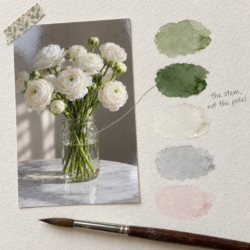 A photograph of white ranunculus taped to watercolour paper beside five painted gouache swatches, an arrow from the deeper green to the stems marked the stem, not the petal