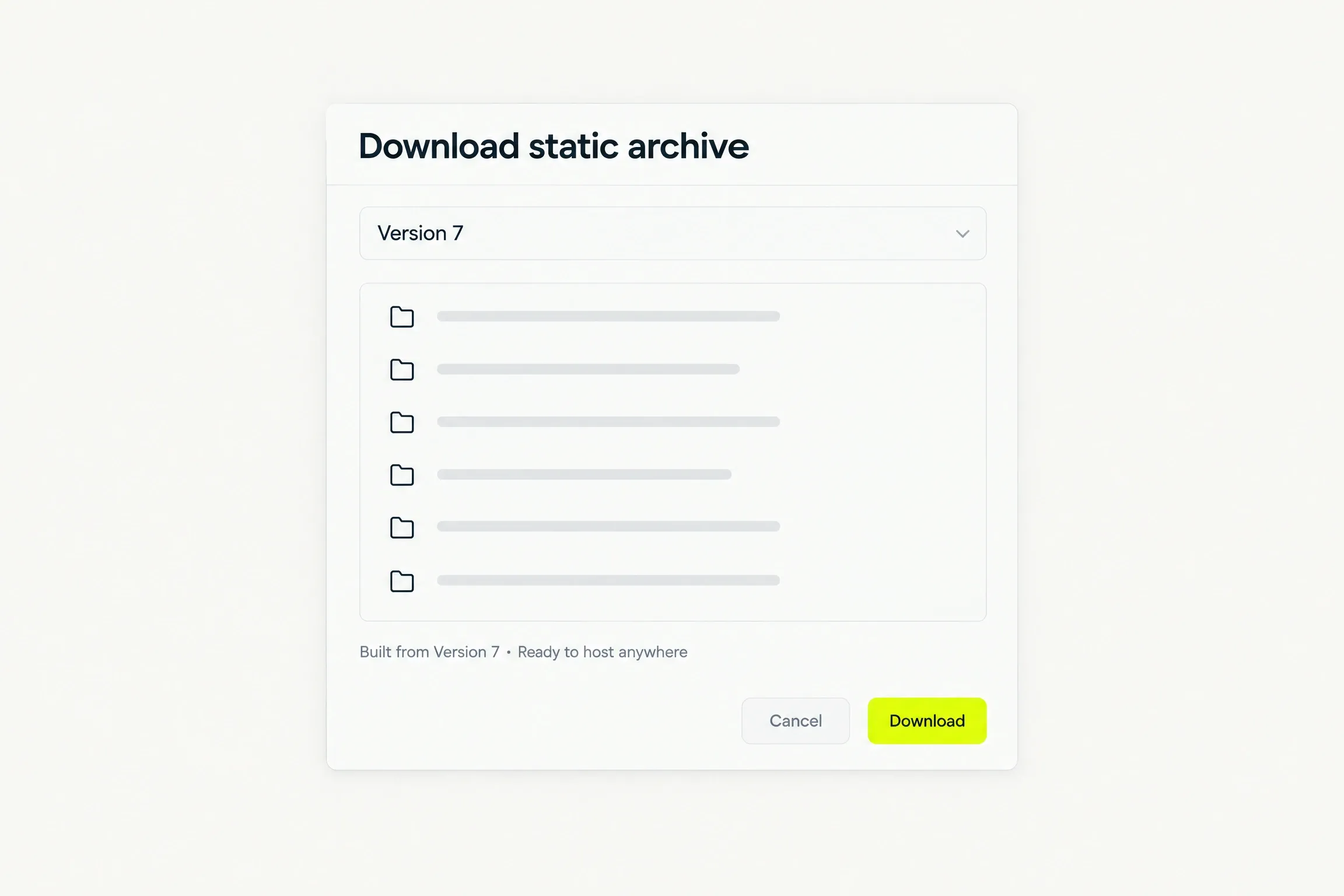 A Download static archive dialog: a Version 7 selector, a list of folders in the archive, a line reading Built from Version 7, ready to host anywhere, and a yellow Download button