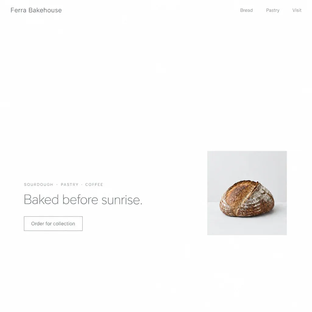 The same bakery as a Scandinavian minimal site: pure white, thin grey type, a small desaturated loaf