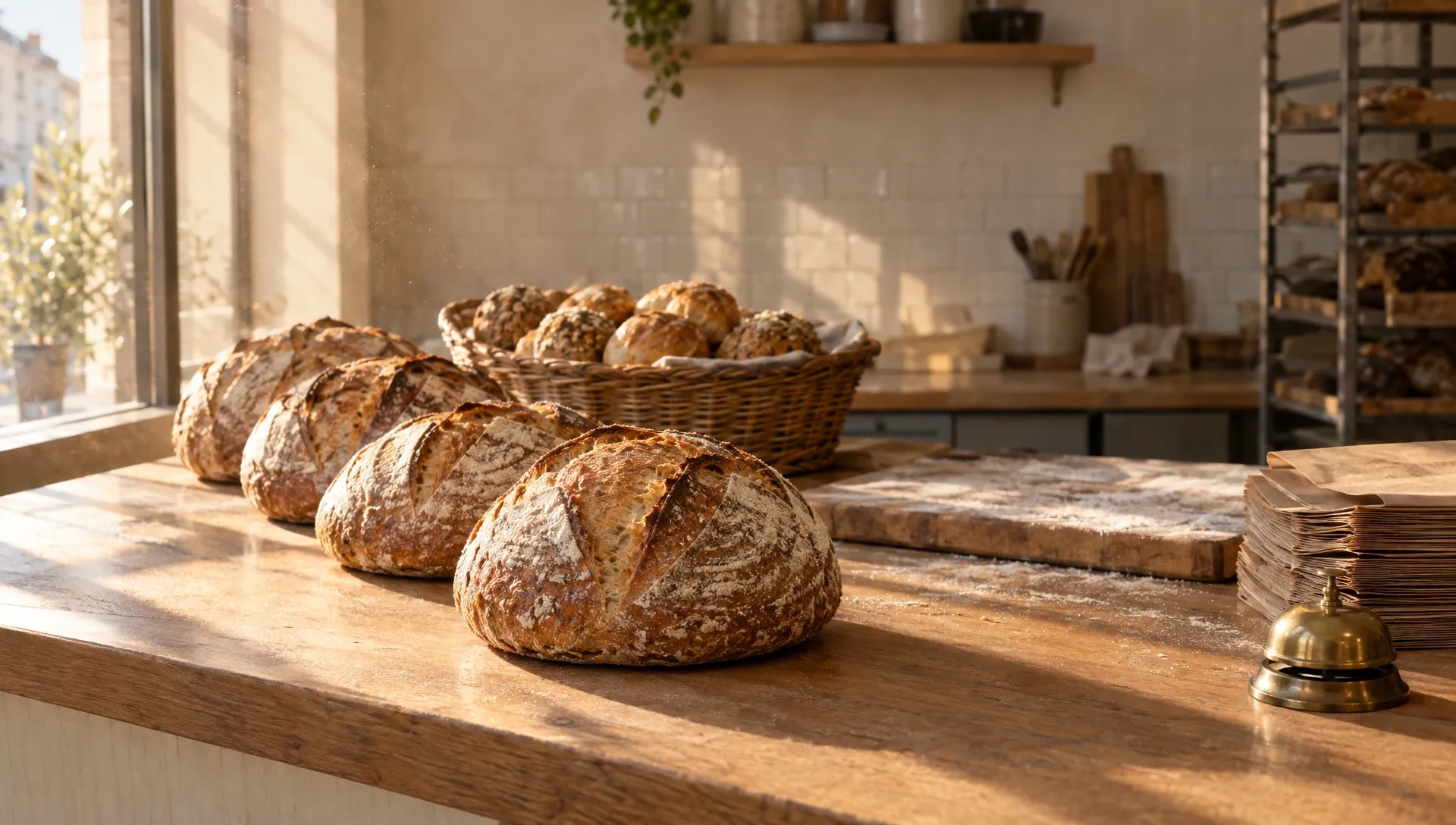 A small bakery counter in early morning light: four scored sourdough loaves on an oak counter, a basket of rolls behind them and a floured board to one side