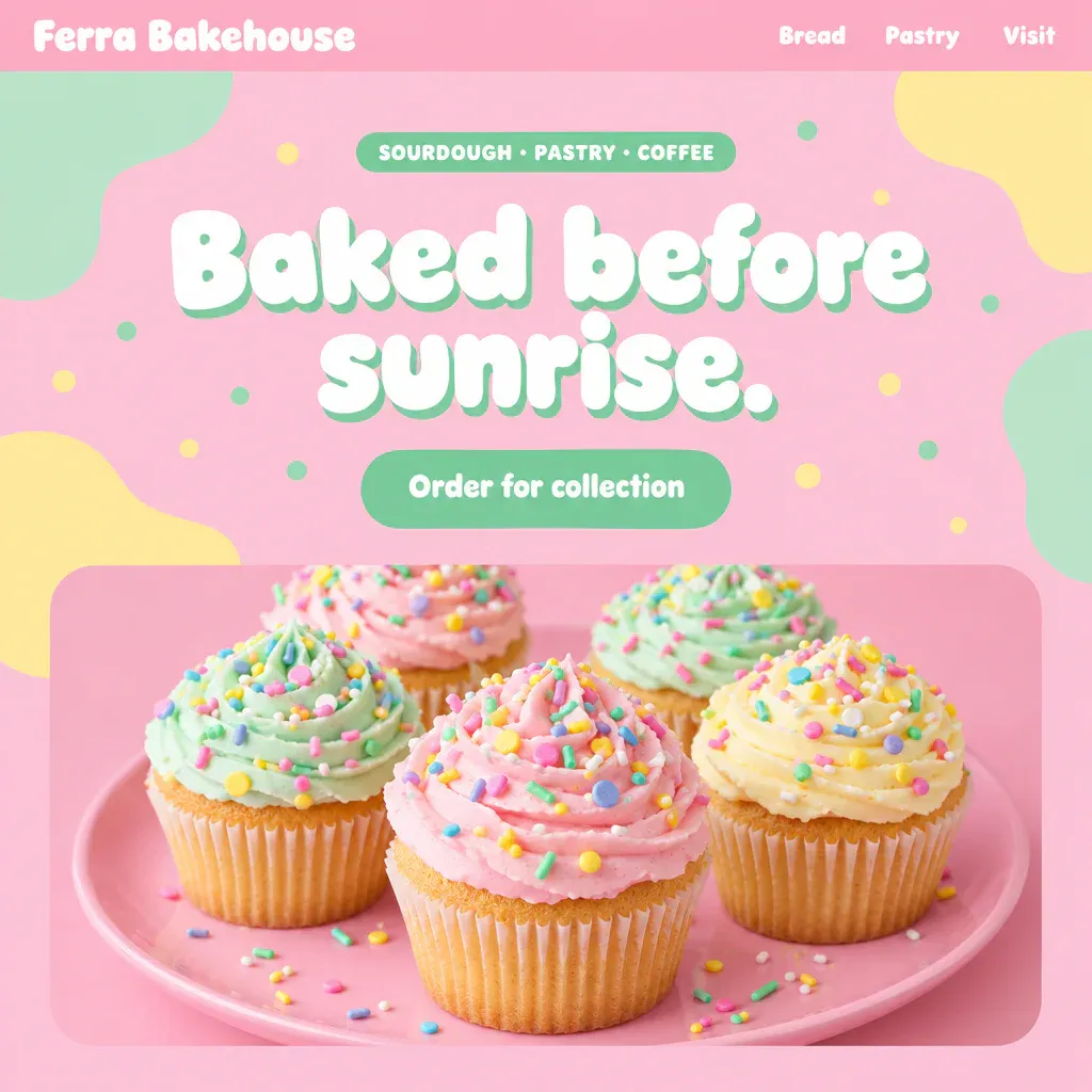 The same bakery as a playful pastel site: pink and mint blobs, bubbly rounded type, cupcakes