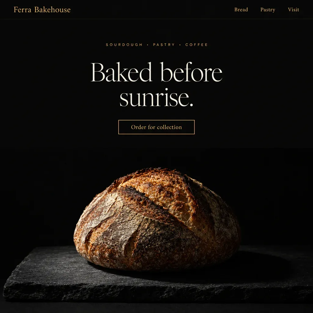 The same bakery as a dark luxury site: near-black, gold and ivory, a thin fashion serif, a loaf under one spotlight