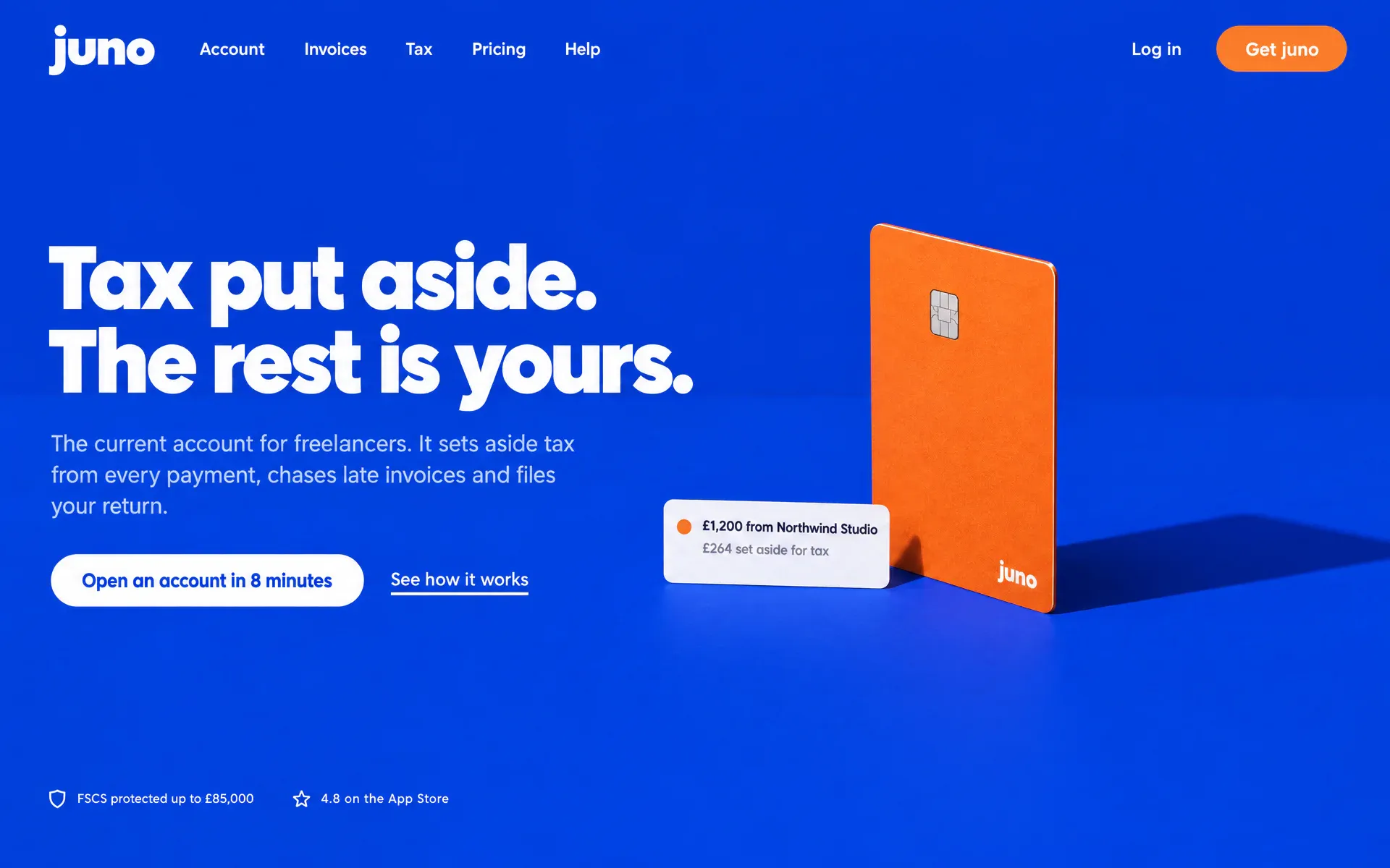 A bank site on flat ultramarine: a tangerine card standing on its edge under one hard light, and the heavy white headline Tax put aside. The rest is yours.