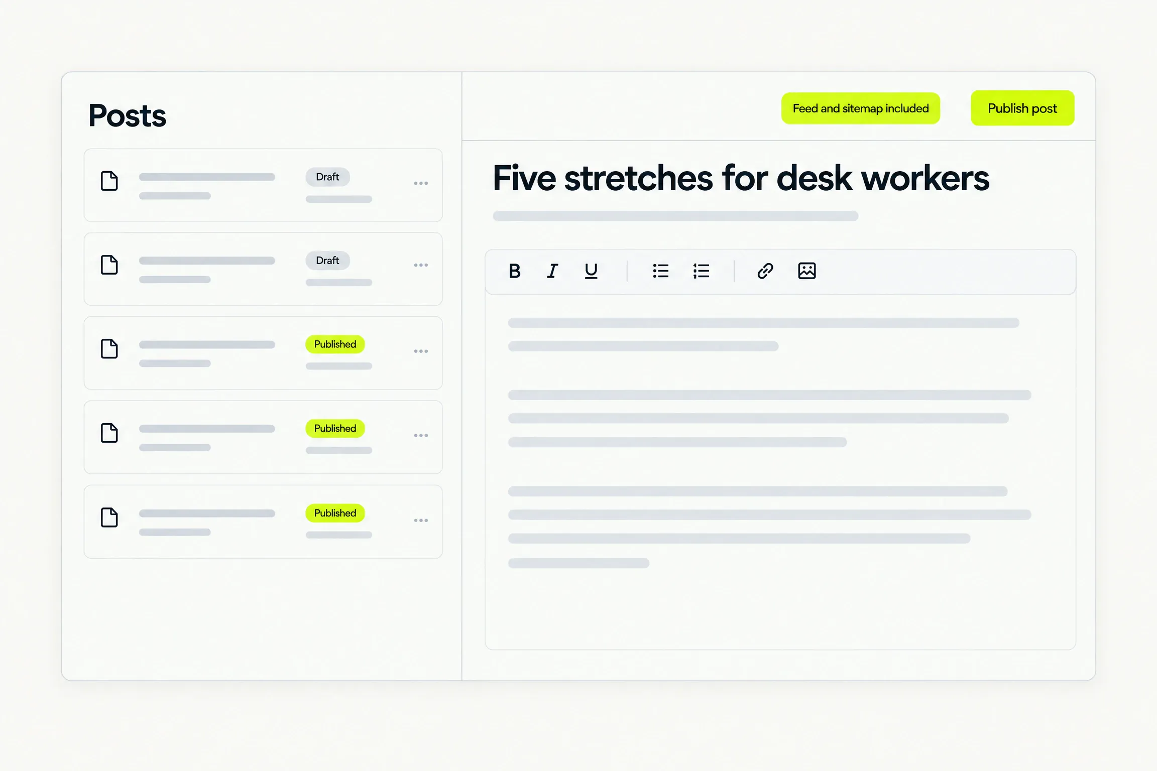 The Posts list with drafts and published posts beside a simple editor