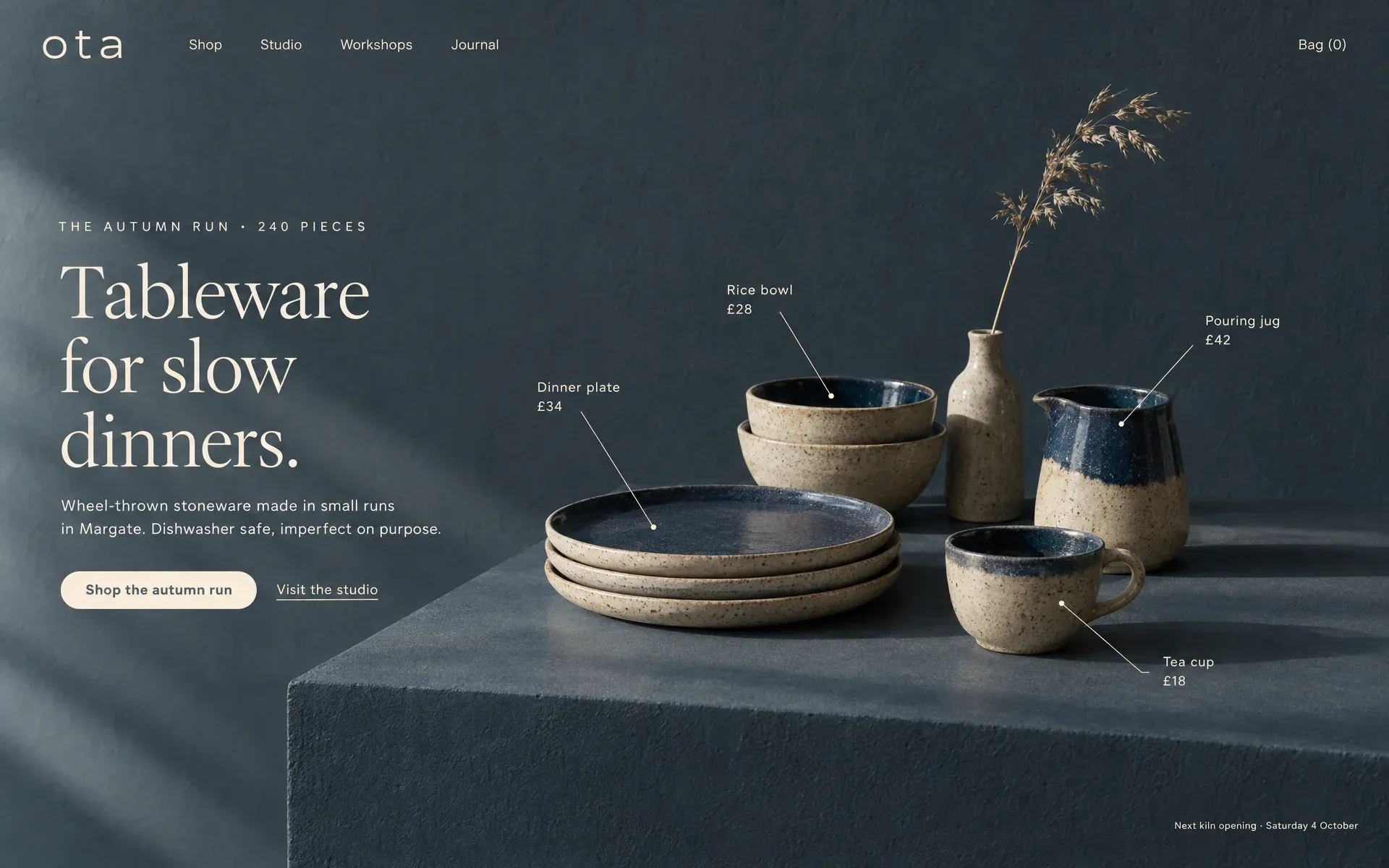 A ceramics studio site: a raking-light still life of speckled stoneware on slate, with thin cream lines naming and pricing each piece