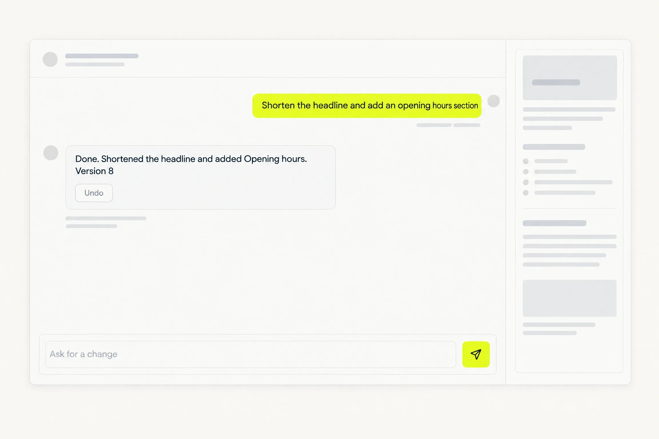 A chat: the request “Shorten the headline and add an opening hours section”, the reply “Done. Version 8” with an Undo button, and the site preview beside it