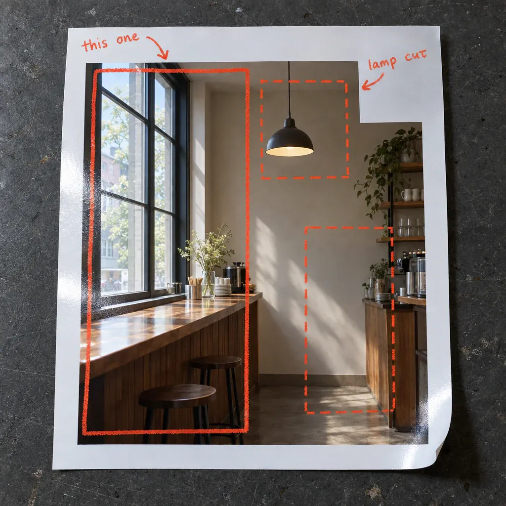 A glossy print of a café interior with three hero crops drawn over it in grease pencil, one solid and marked this one, one dashed and marked lamp cut