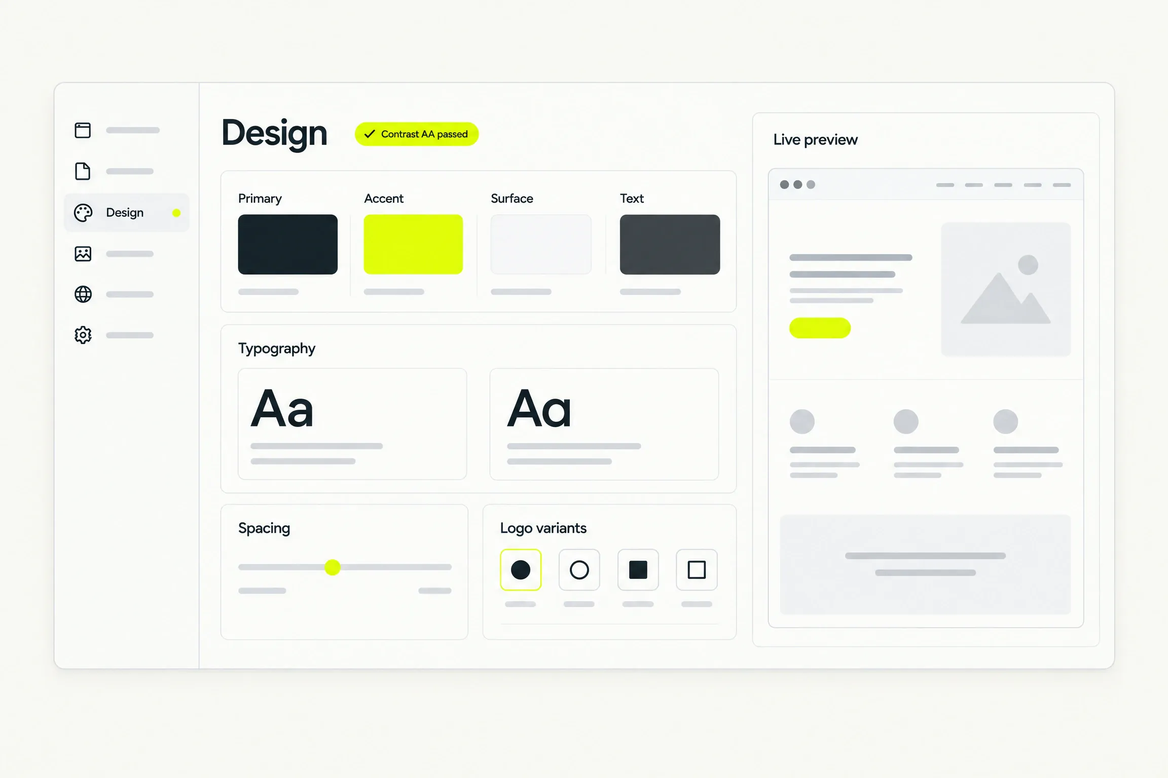 The Design panel: four semantic colours with a contrast verdict, typography, spacing and logo variants
