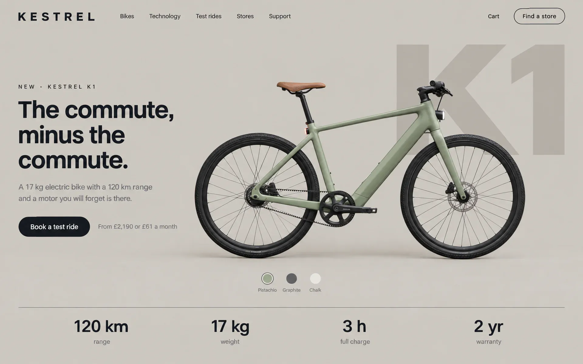 An electric bike site on warm putty grey: a pistachio green bike in exact profile, a giant tone-on-tone K1 behind it and four large specifications beneath