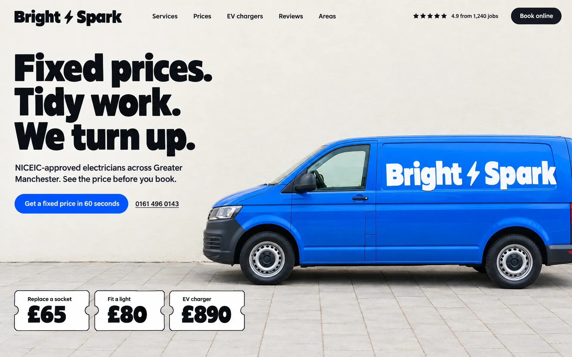 An electricians’ site: an electric-blue van carrying the wordmark against a plain wall, a heavy black headline and three ticket-shaped fixed prices