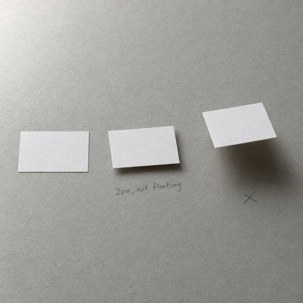 Three white paper cards raised to three heights on a grey board casting real shadows, the middle one marked 2px, not floating in pencil and the highest crossed out