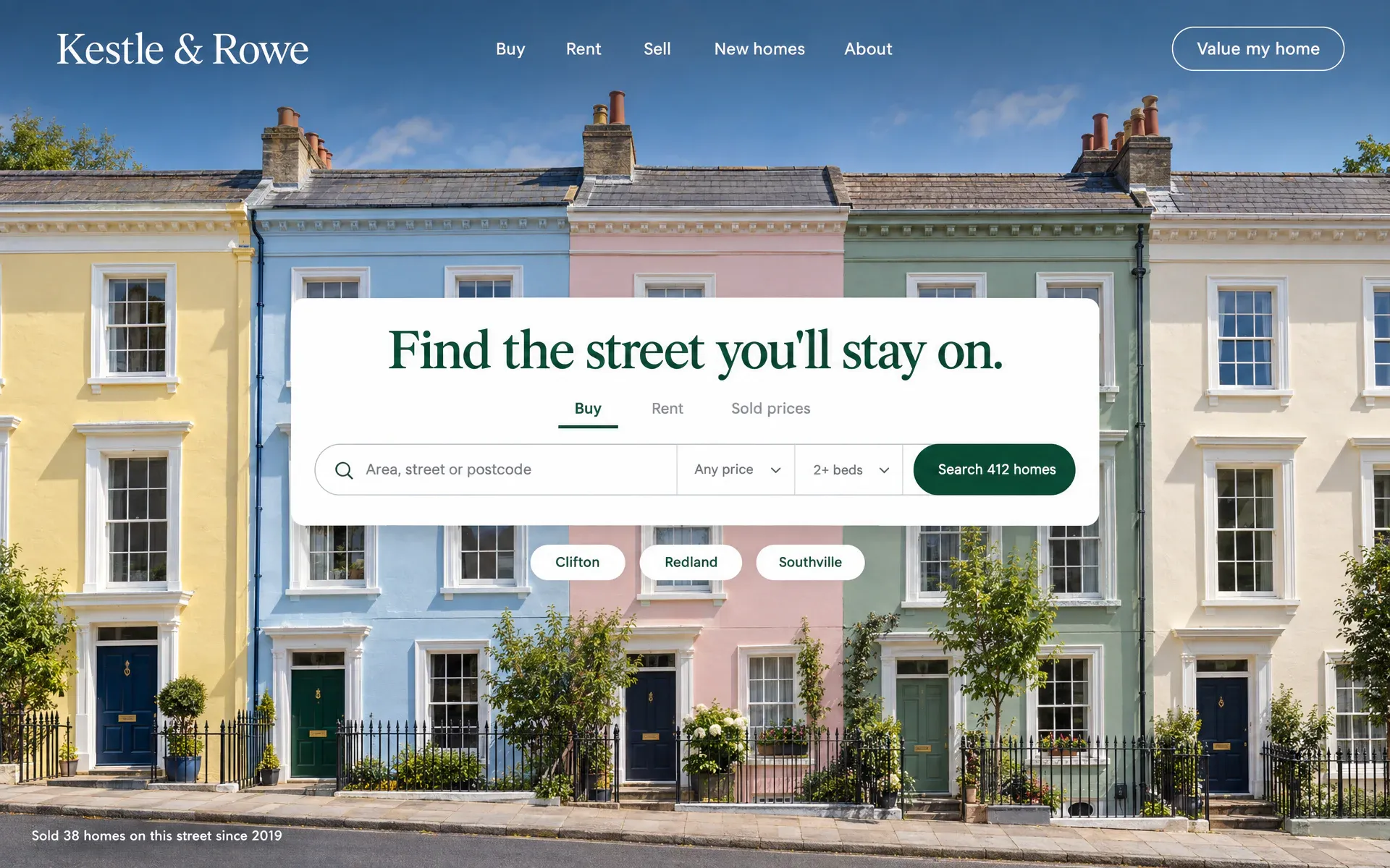 An estate agent’s site: a sunlit terrace of pastel Georgian houses with one white search panel reading Find the street you’ll stay on.