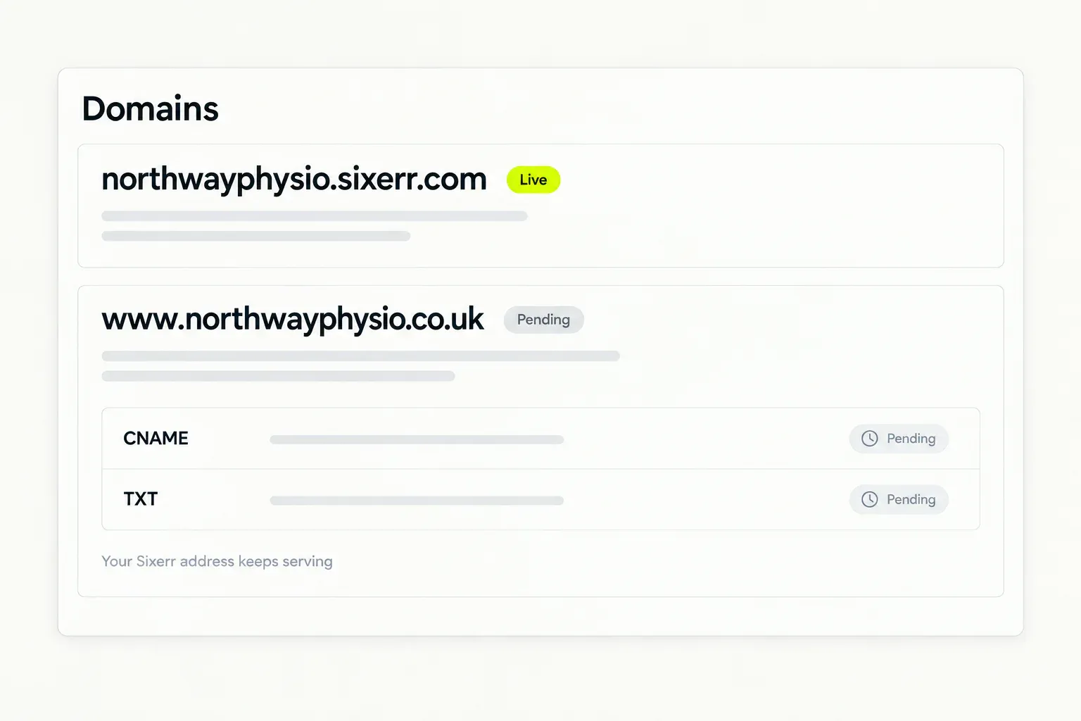 A Domains screen: the address northwayphysio.sixerr.com marked Live, and beneath it www.northwayphysio.co.uk marked Pending with its CNAME and TXT rows still pending, above a line reading Your Sixerr address keeps serving