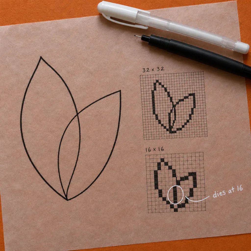 A leaf mark drawn large on tracing paper and redrawn on a 32 and a 16 pixel grid, the thin line lost at 16 circled in white and marked dies at 16