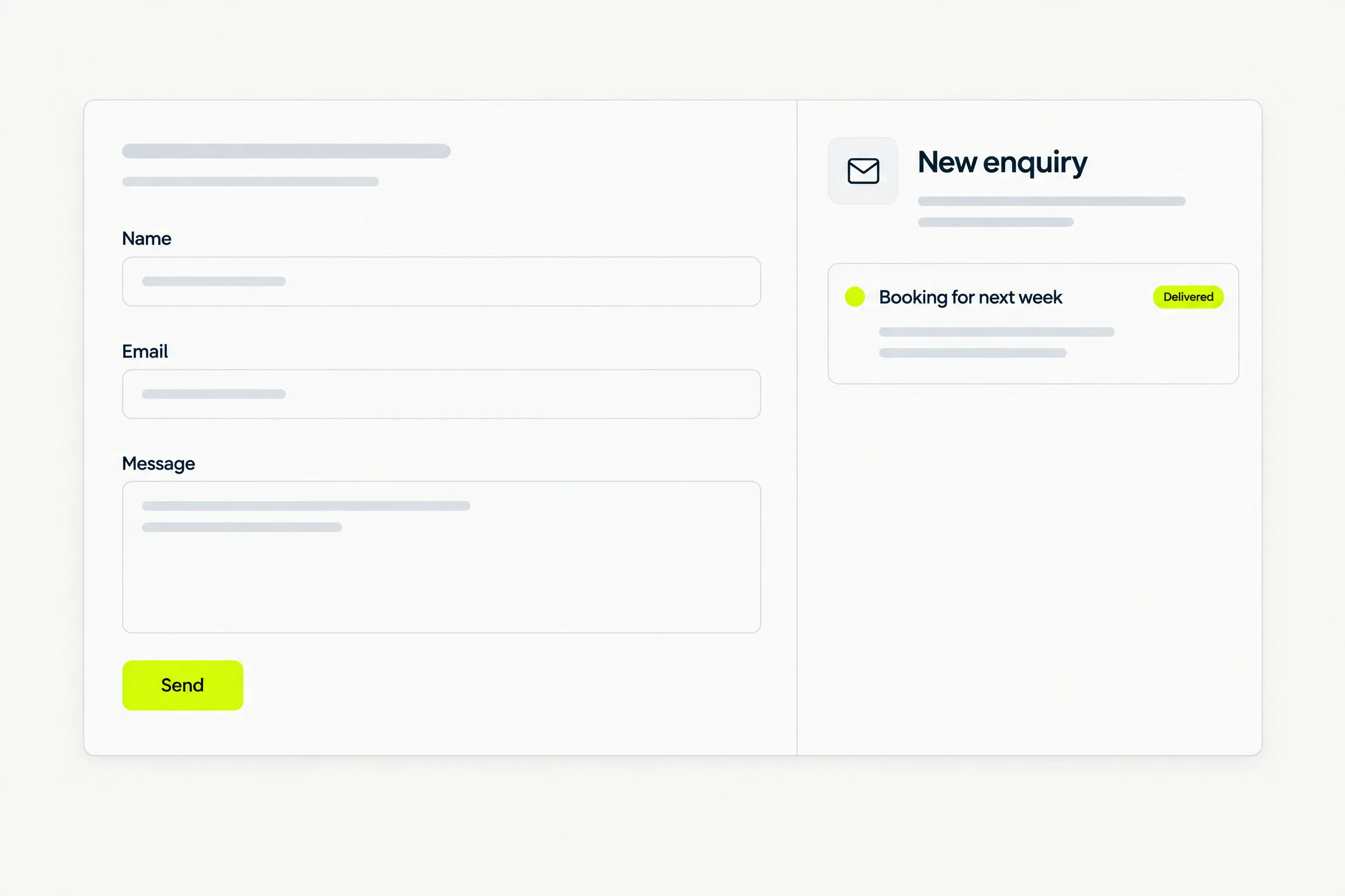 A contact form beside an inbox card showing a delivered enquiry