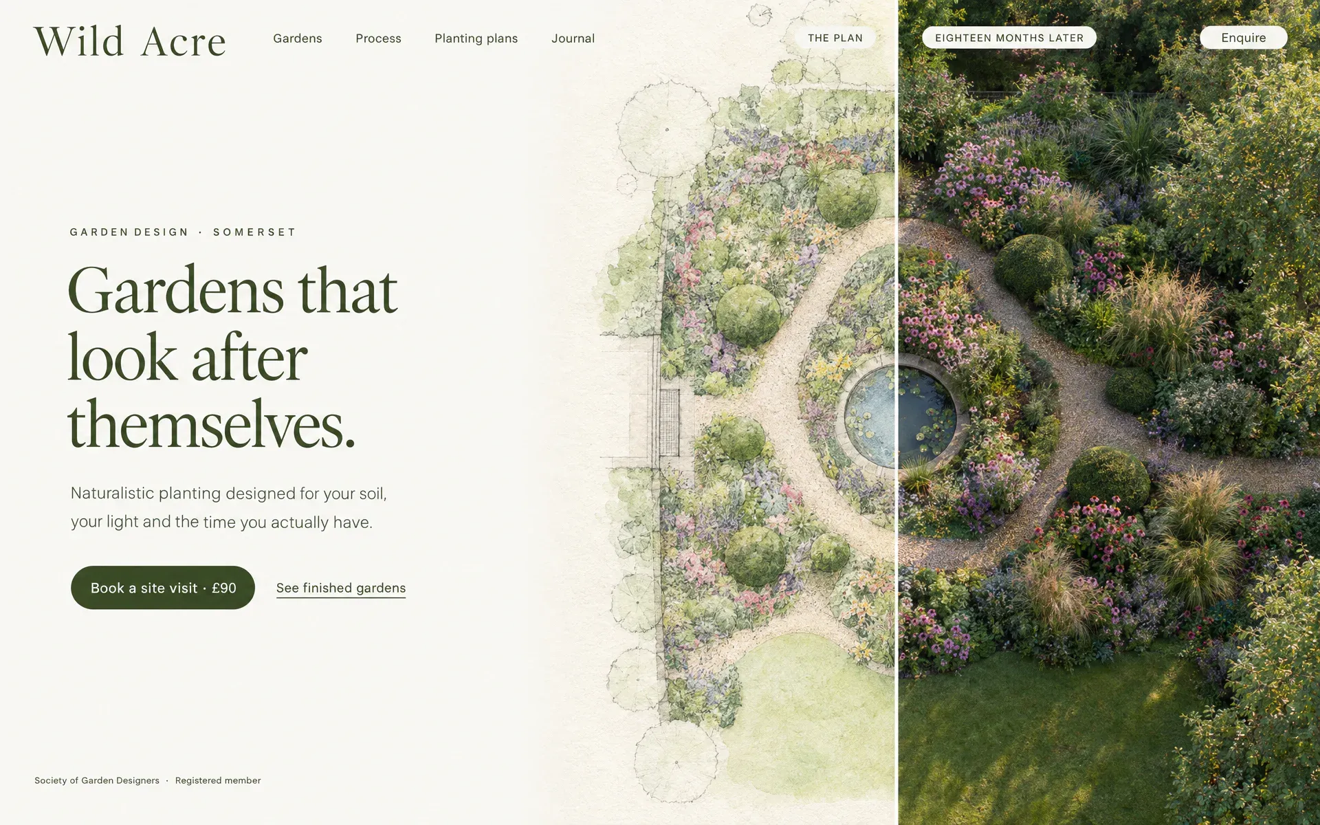 A garden designer’s site: a watercolour garden plan meeting a photograph of the finished garden along one thin white line, the path and pond aligned