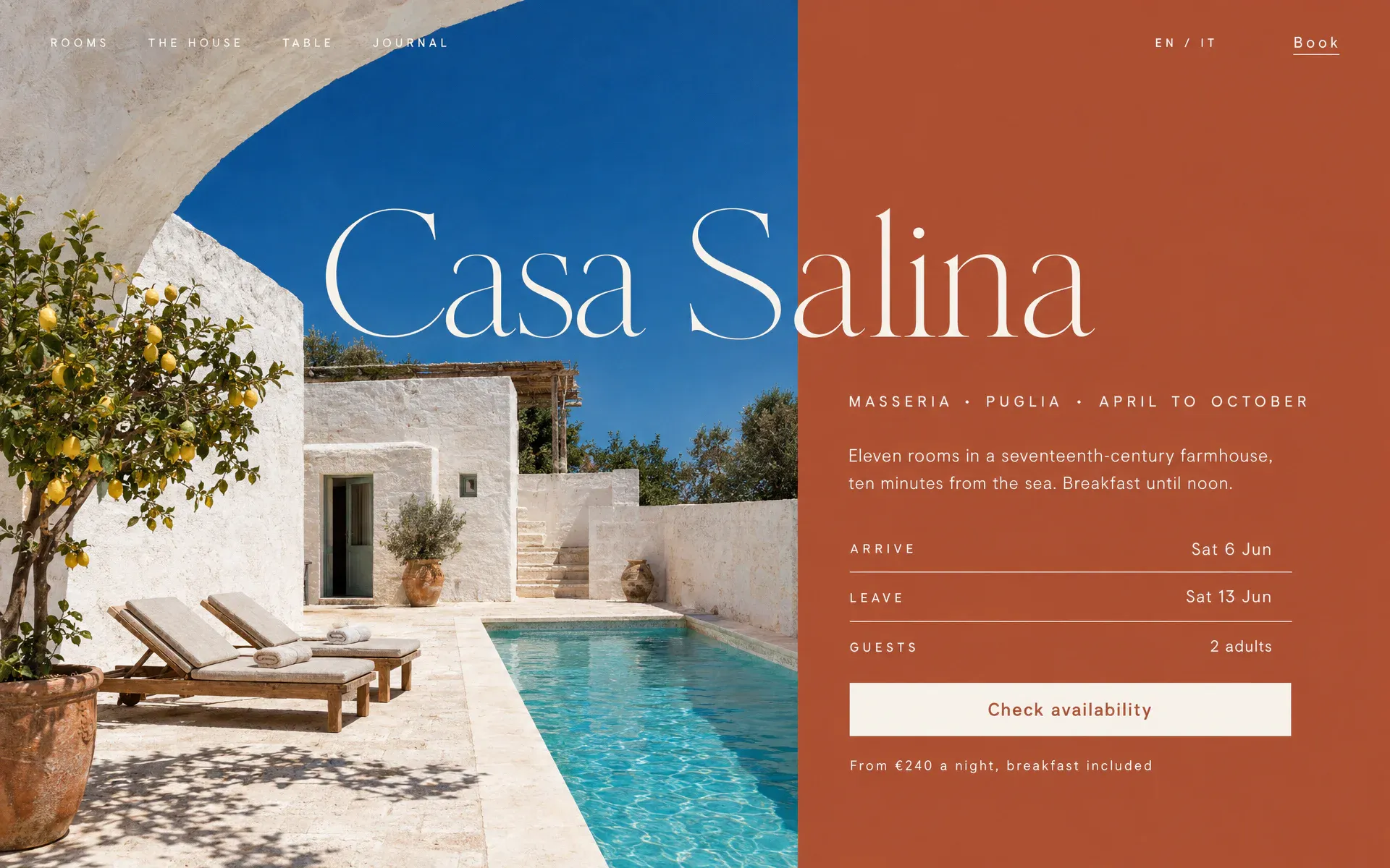 A farmhouse hotel site split between a sunlit whitewashed courtyard with a turquoise pool and a flat terracotta panel, the thin serif name crossing the seam