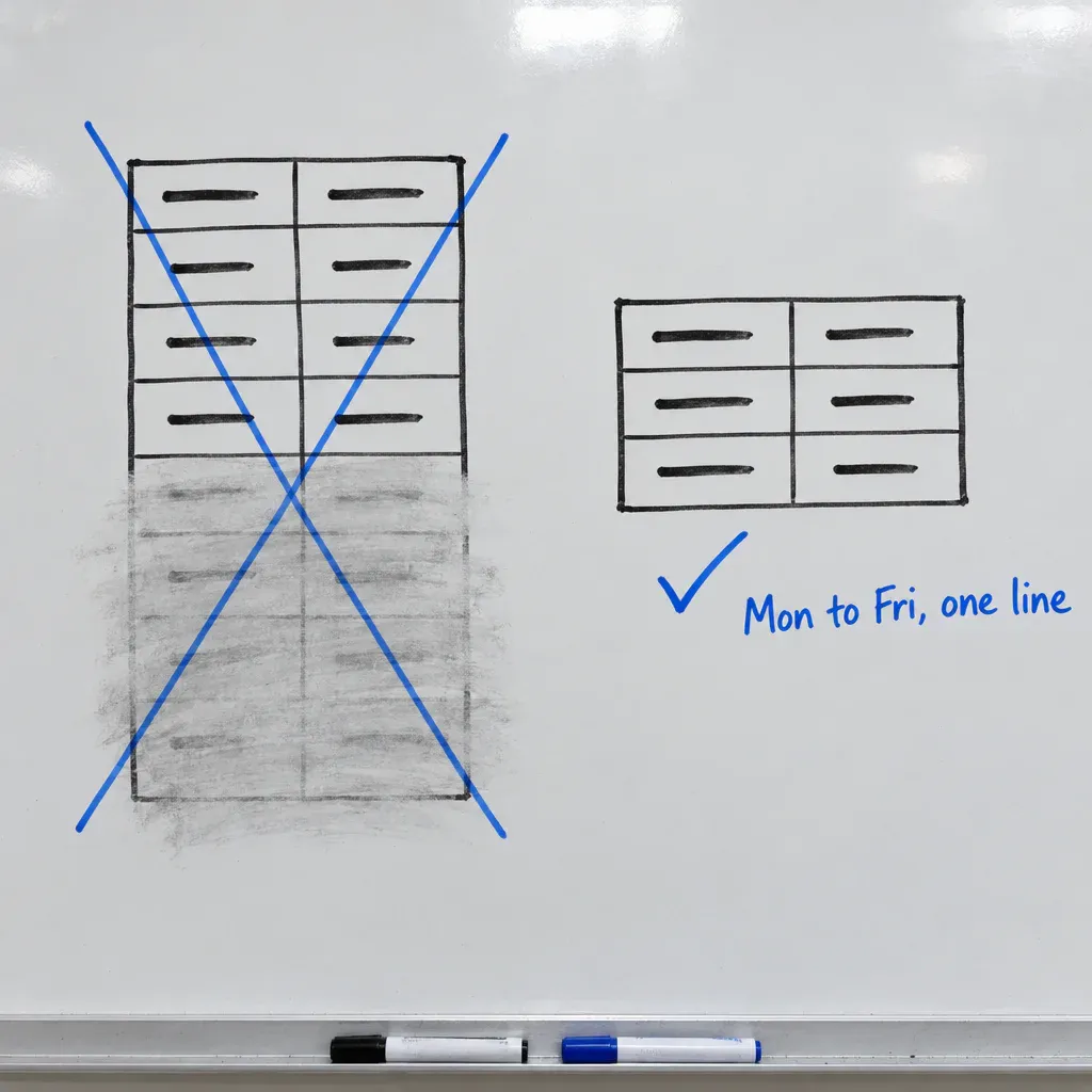 A whiteboard with two sketches of a clinic’s opening hours, a tall table half erased and crossed out beside a three line list ticked and marked Mon to Fri, one line