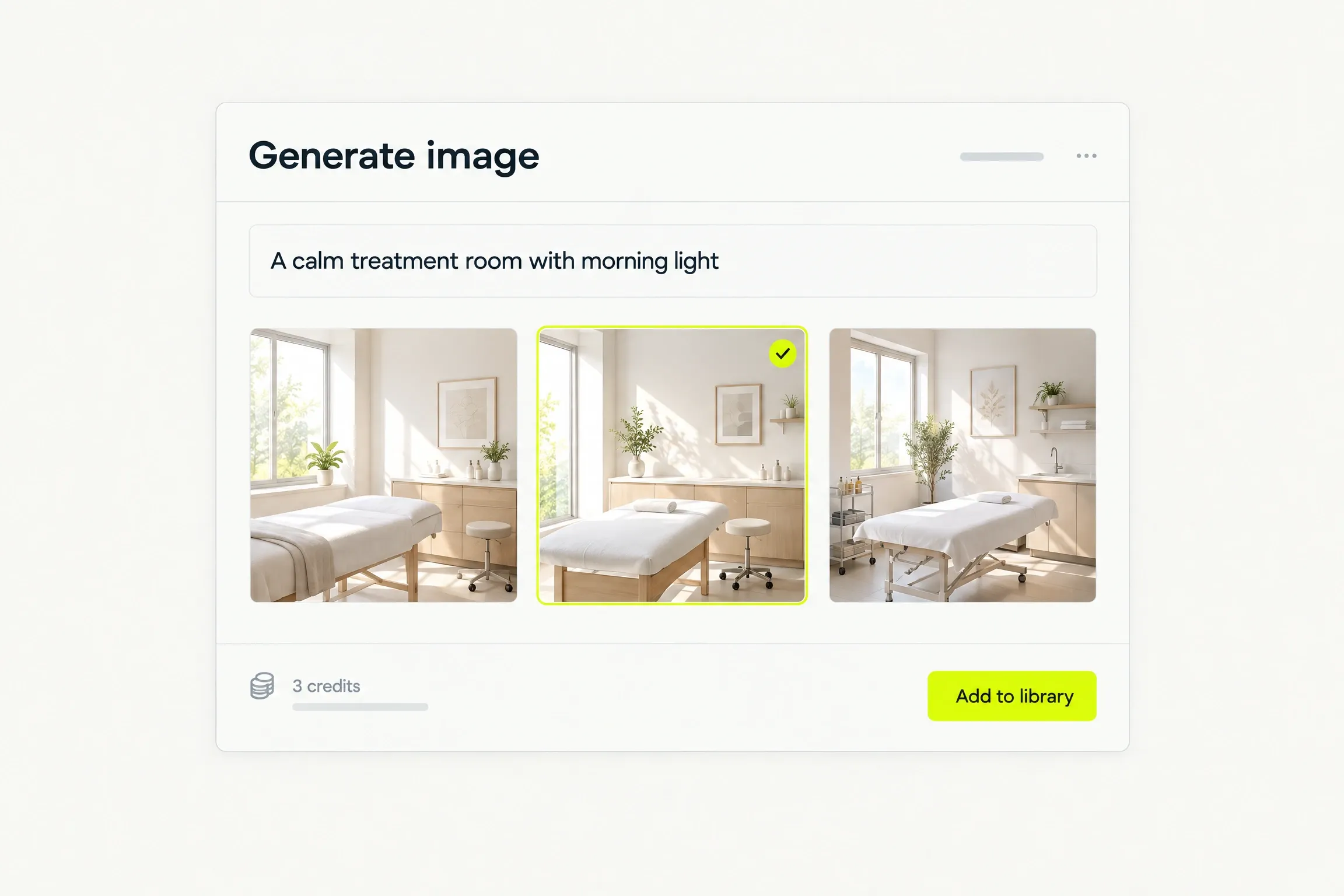 A Generate image dialog: the prompt A calm treatment room with morning light, three candidate photographs of a bright treatment room with the middle one ticked, the note 3 credits and a yellow Add to library button