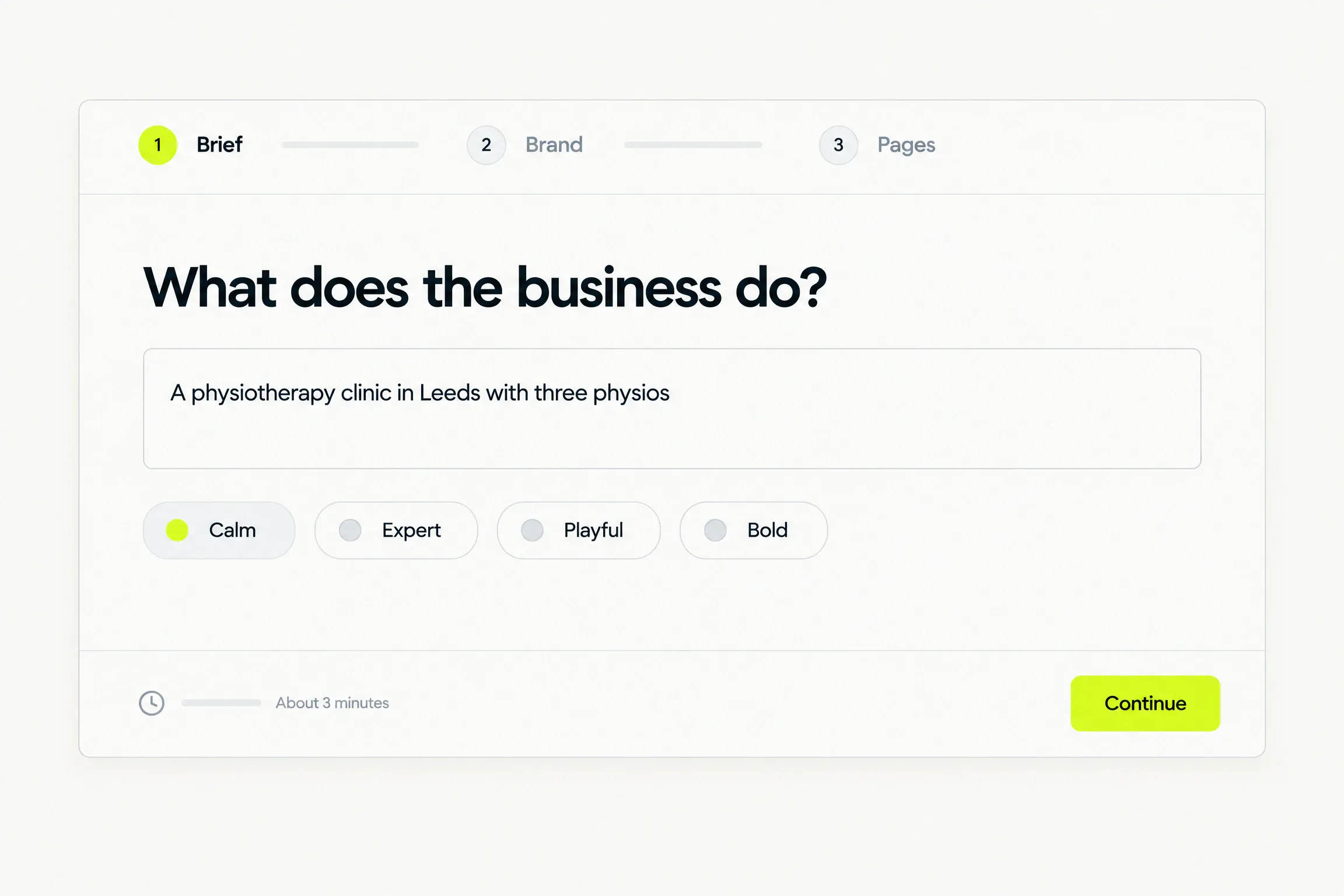 The three-step intake: Brief, Brand, Pages, with the question “What does the business do?” and tone presets