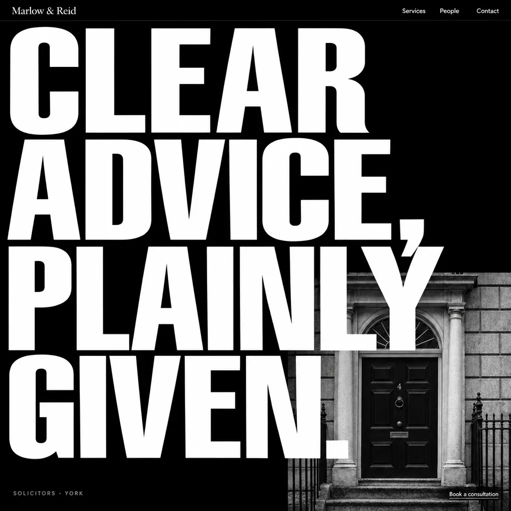 The same law firm as a black editorial site: an enormous condensed white headline filling the frame
