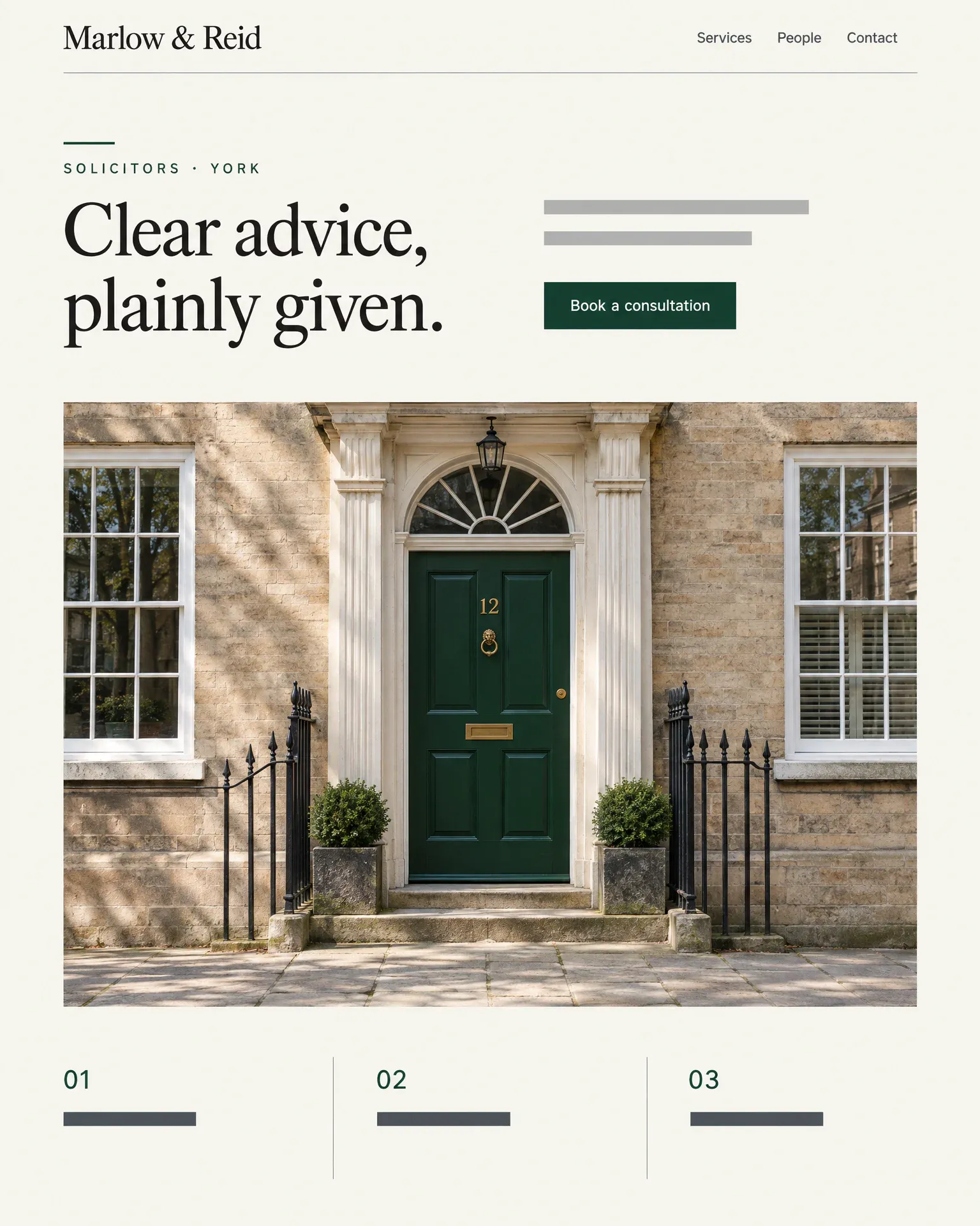 The law firm site Lava kept: an ivory page on a two column grid, the serif headline Clear advice, plainly given beside a deep green button, a photograph of a green Georgian door, and a numbered index of three services