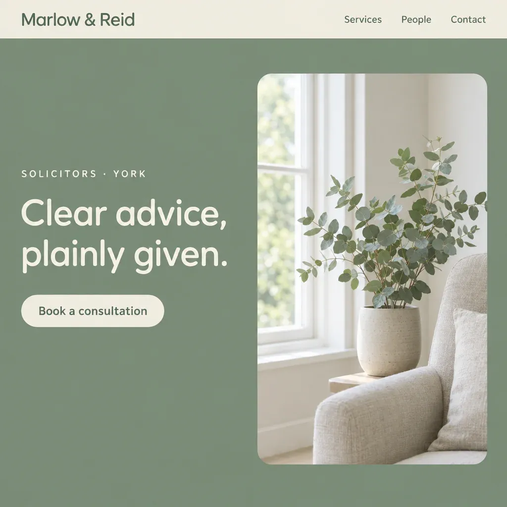 The same law firm as a soft wellness site: sage and cream, rounded type, a eucalyptus by a window