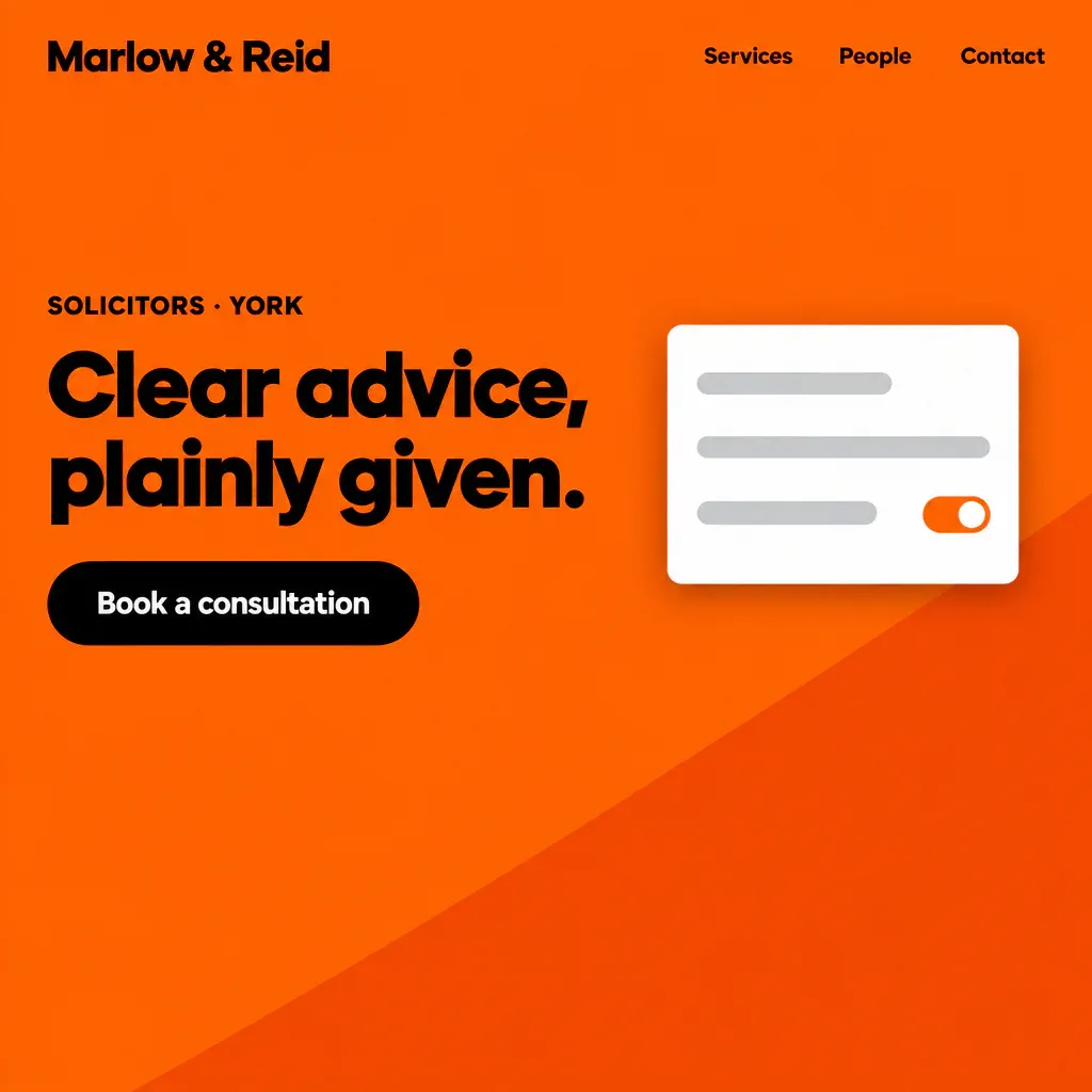 The same law firm as a bright startup site: orange, heavy geometric type, a floating app card