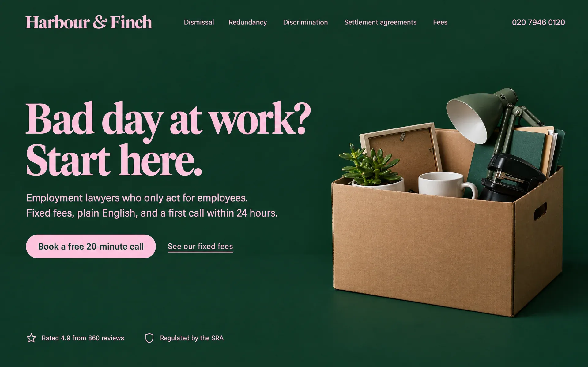An employment law firm site in bottle green and pale pink: the serif headline Bad day at work? Start here. beside a cardboard box of cleared desk belongings