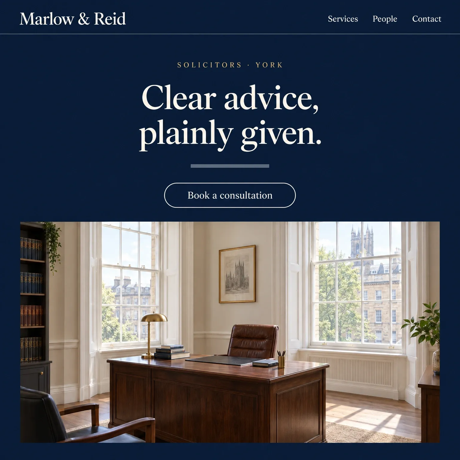 A law firm homepage: deep navy, an ivory serif headline and a photograph of a bright Georgian office