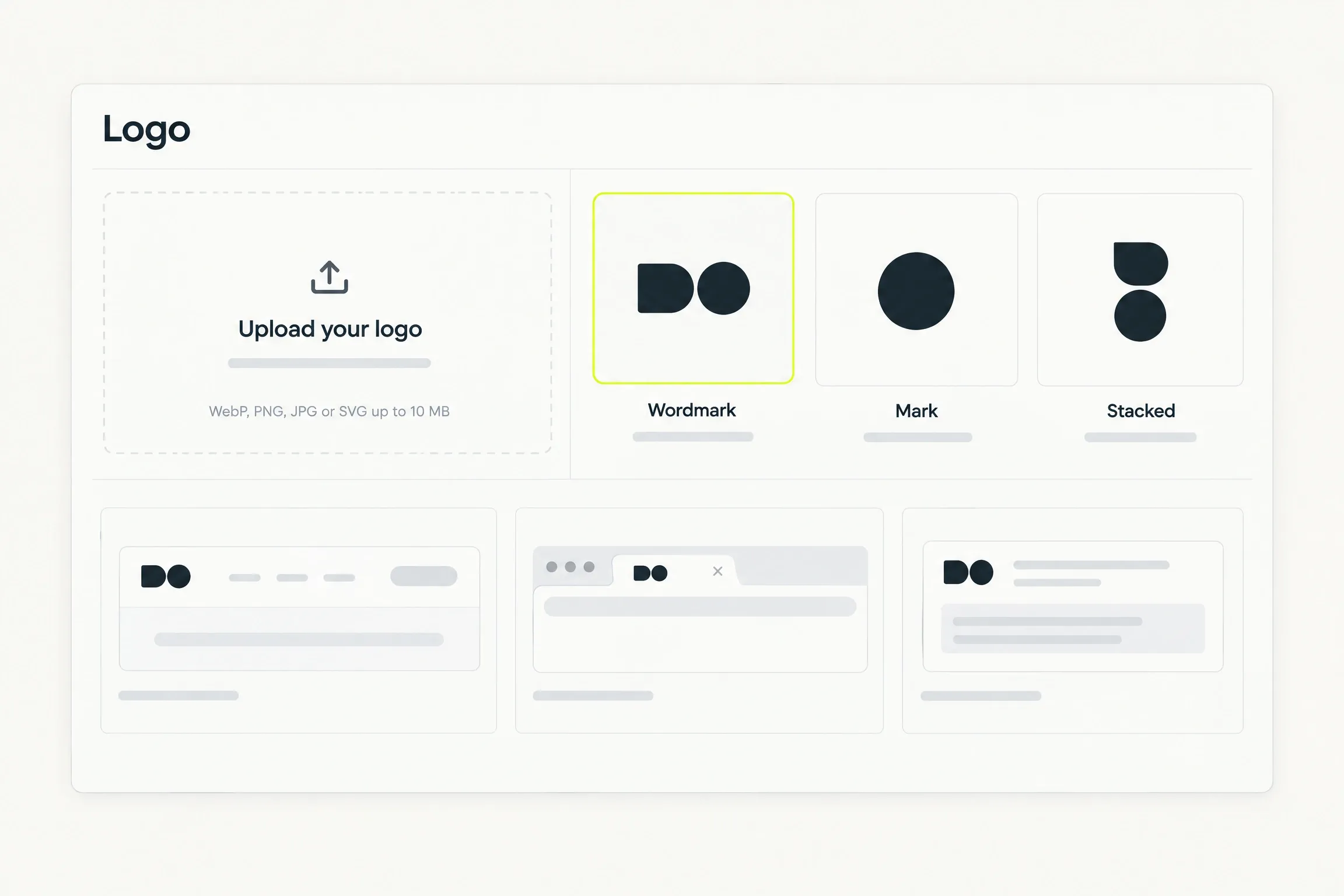 A Logo panel: an Upload your logo box noting WebP, PNG, JPG or SVG up to 10 MB, three variant tiles labelled Wordmark, Mark and Stacked with the first selected, and the mark shown in a header, a browser tab and a share card