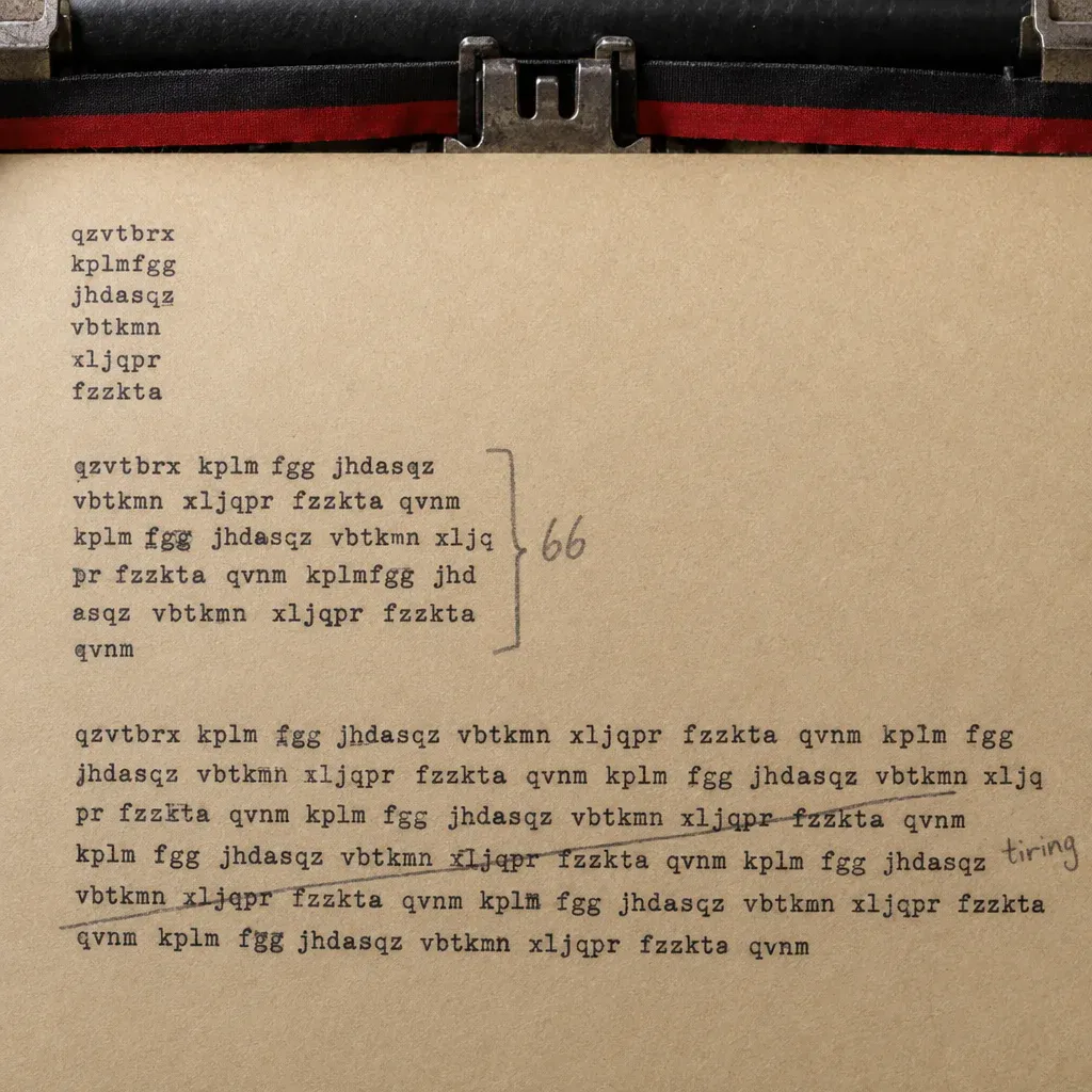 A sheet in a typewriter with the same paragraph typed at three widths, the middle one bracketed in pencil and marked 66, the widest struck through and marked tiring