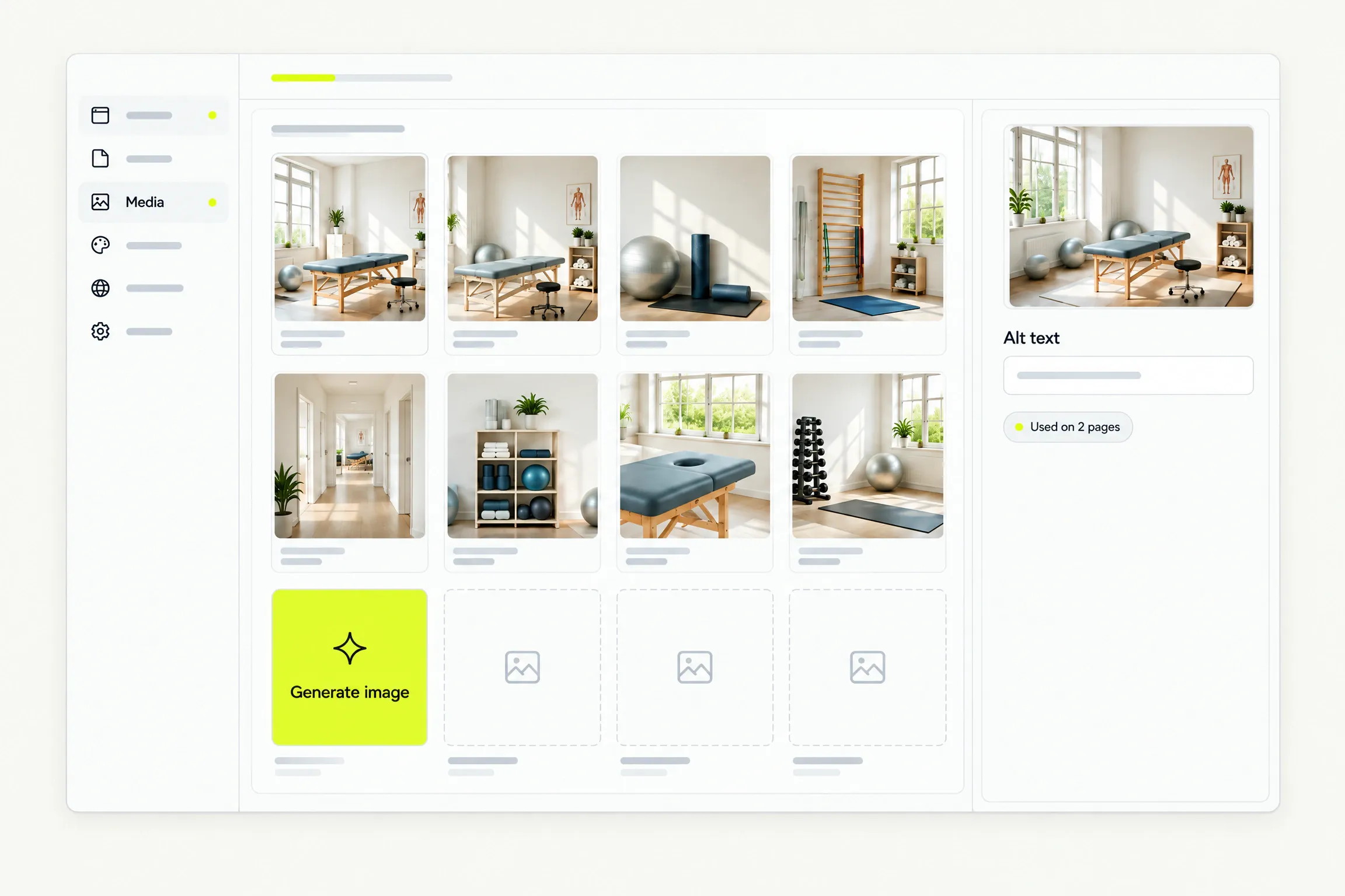 The media library grid with a Generate image tile and an alt text field