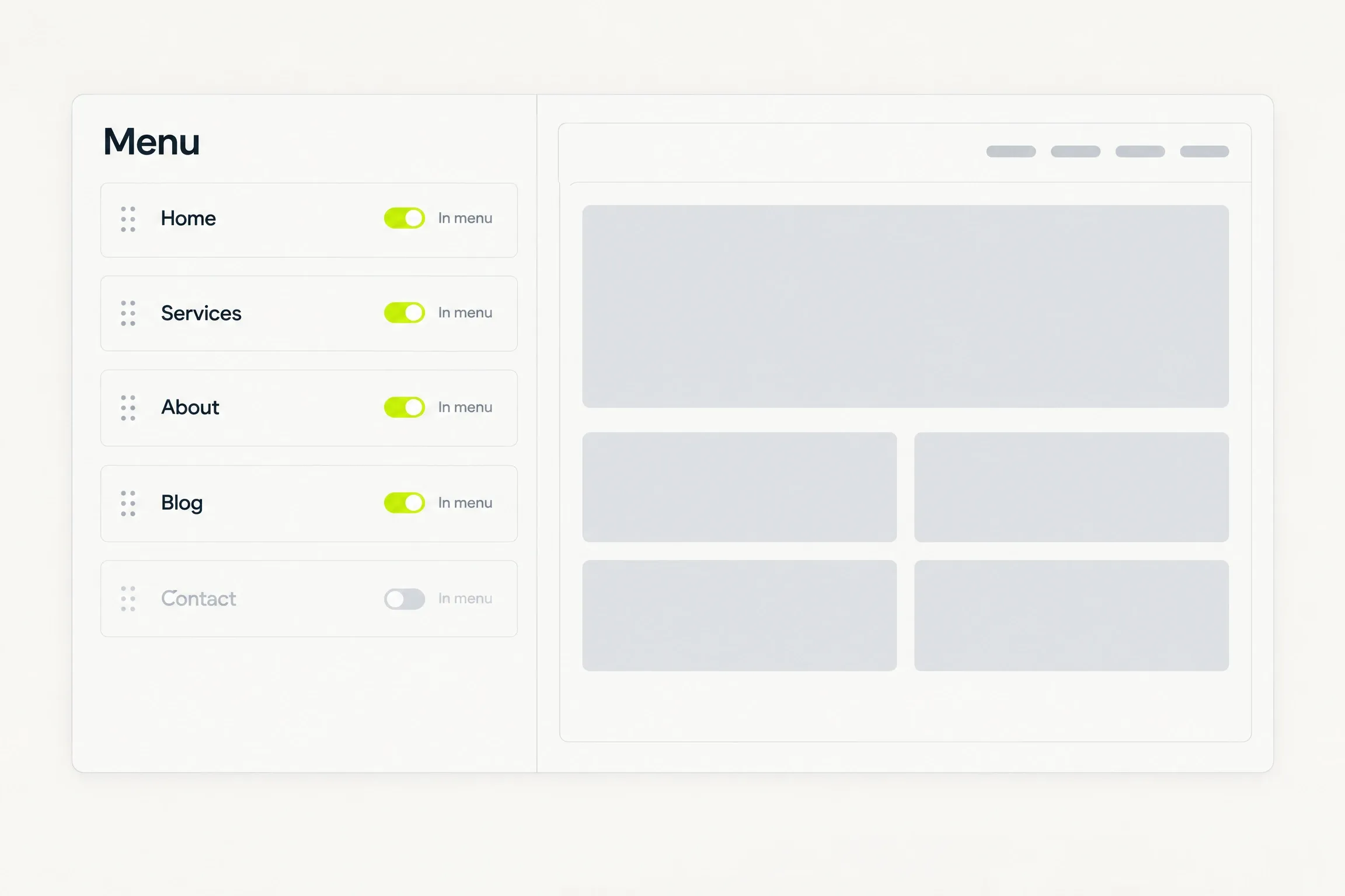 A Menu panel: Home, Services, About and Blog switched on for the menu, Contact switched off and dimmed, each row with a drag handle, beside a site preview drawn as grey blocks