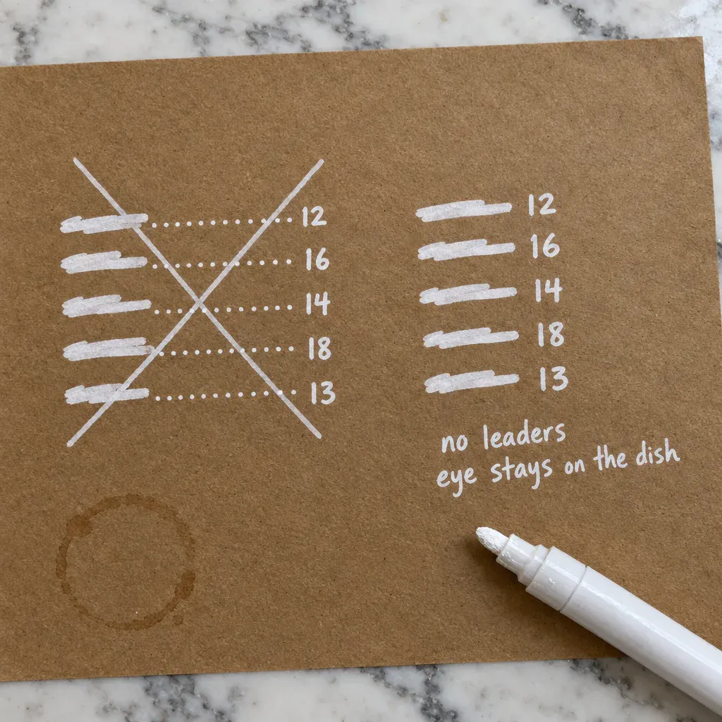 Two menu columns in white paint marker on kraft paper, one with dot leaders to the prices crossed out, one with prices close to the dishes marked no leaders and eye stays on the dish