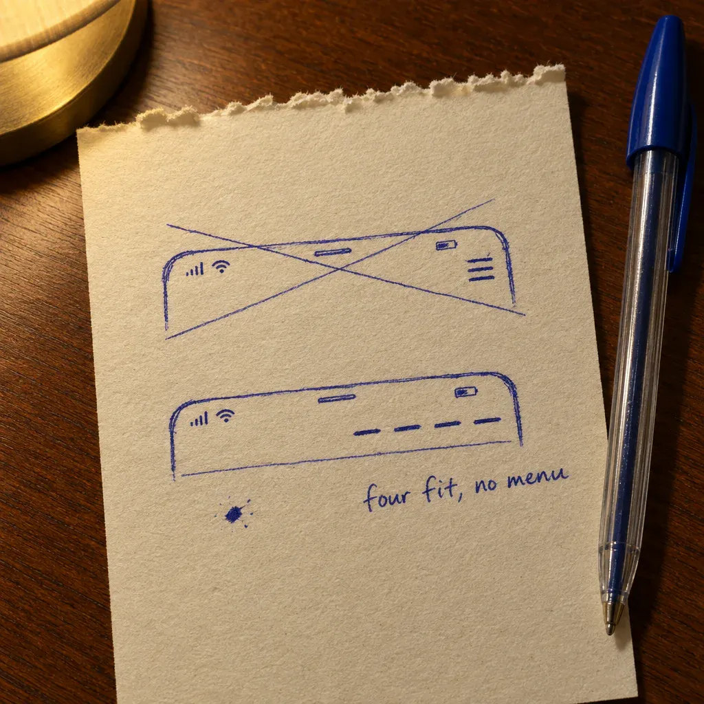 Two ballpoint sketches of a phone’s top bar on a hotel notepad, one with a hamburger icon crossed out, one with four links in a row marked four fit, no menu