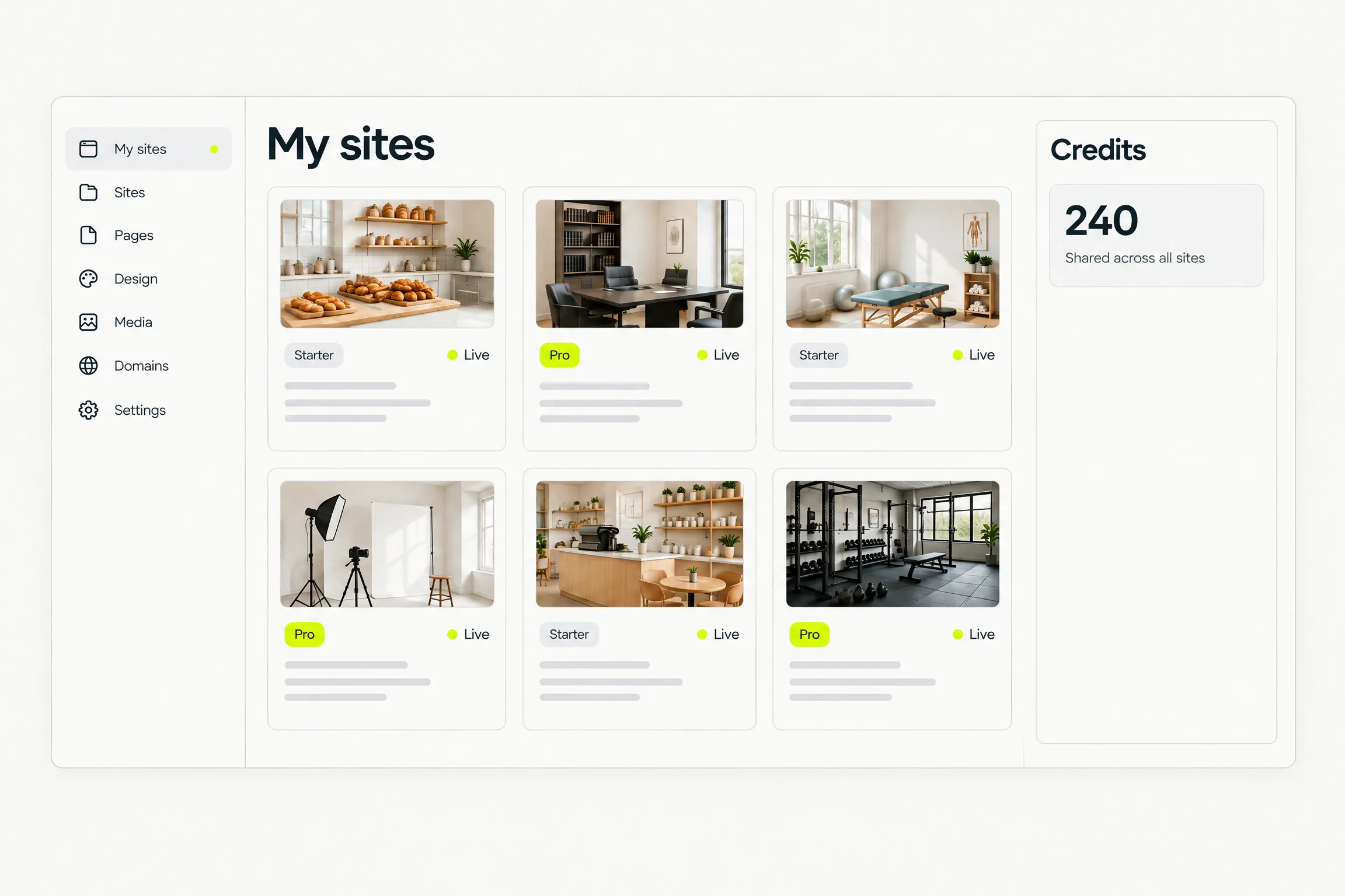 An agency workspace My sites grid with six client sites, a bakery, a law firm, a physio clinic, a photographer, a café and a gym, each with a Starter or Pro badge and a green Live dot, beside a Credits card reading 240, shared across all sites