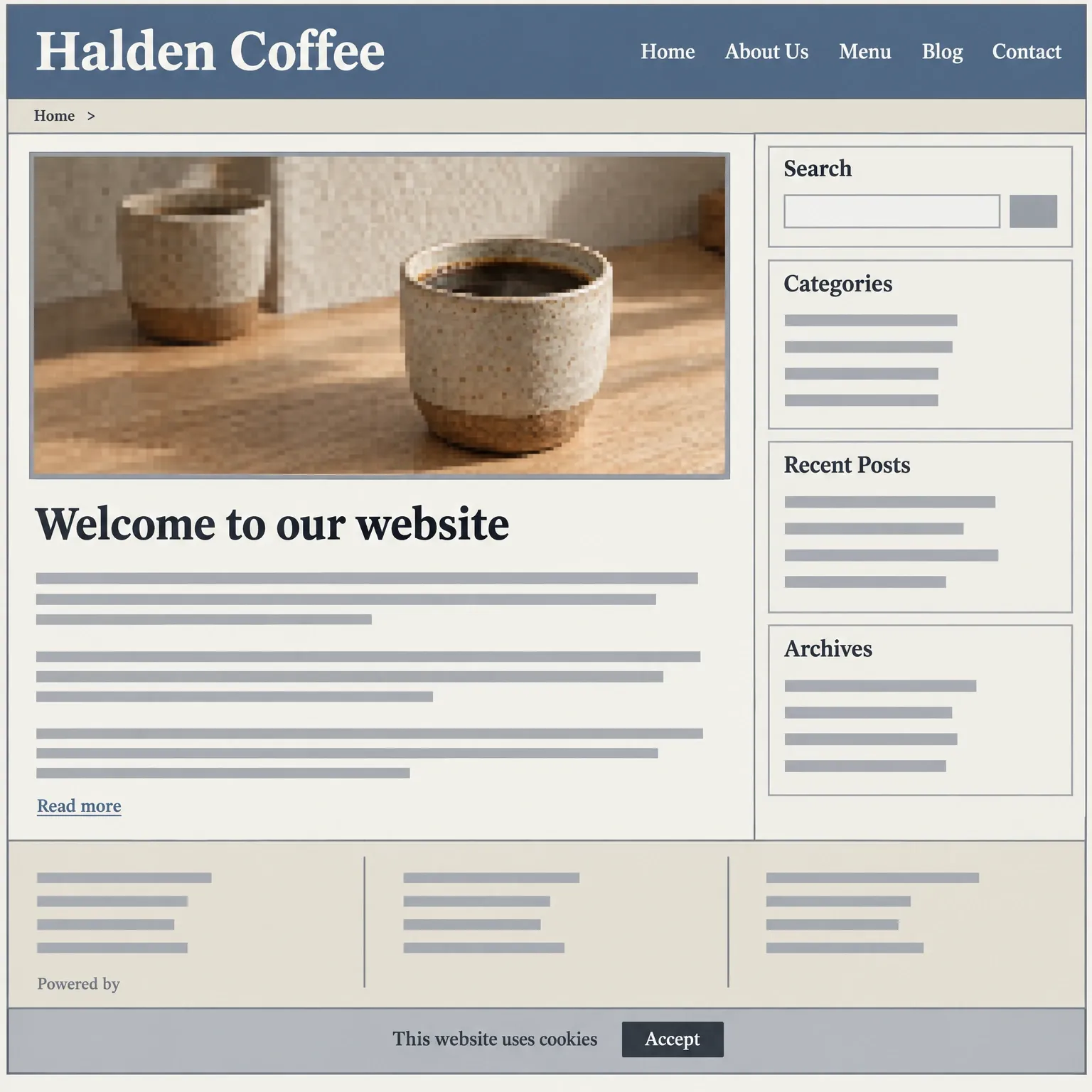A dated WordPress site for Halden Coffee: a boxy slate blue header, a breadcrumb strip, a bordered photograph above a Welcome to our website heading, a sidebar of Search, Categories, Recent Posts and Archives widgets, a crowded footer with a Powered by line and a cookie bar