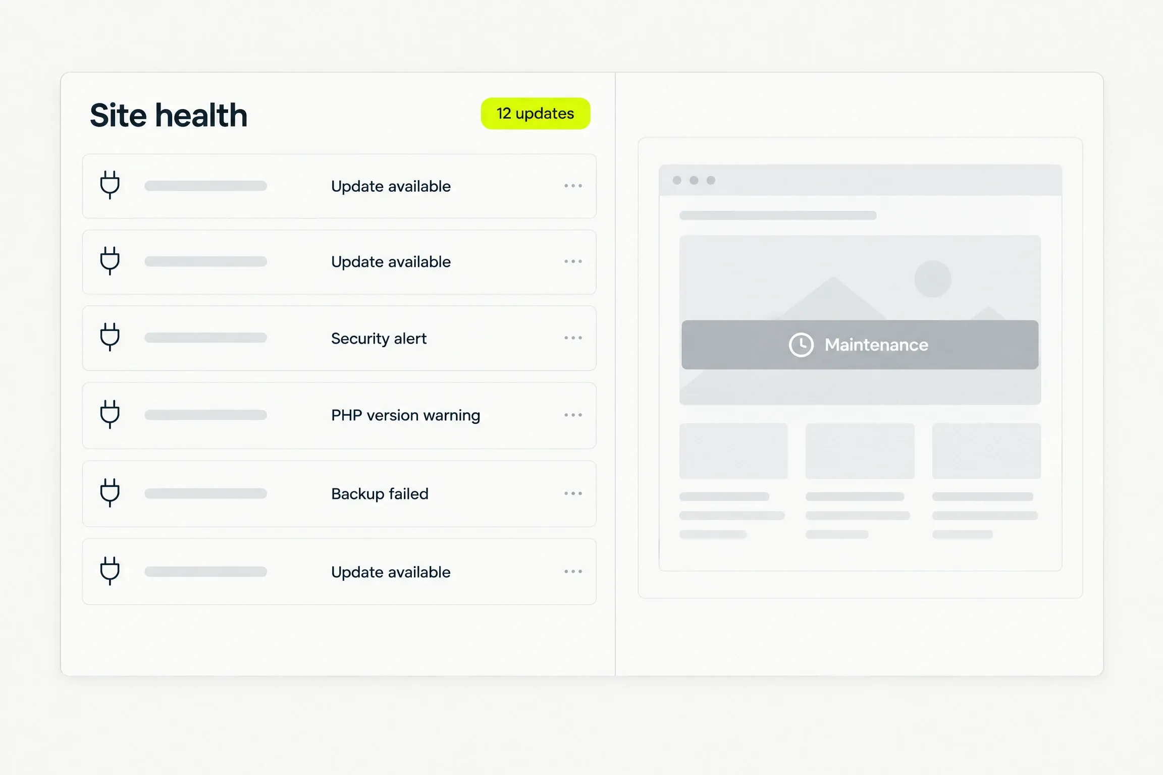 A Site health panel for an old website: a yellow badge reading 12 updates, rows reading Update available, Security alert, PHP version warning and Backup failed, and a dimmed site preview under a Maintenance banner