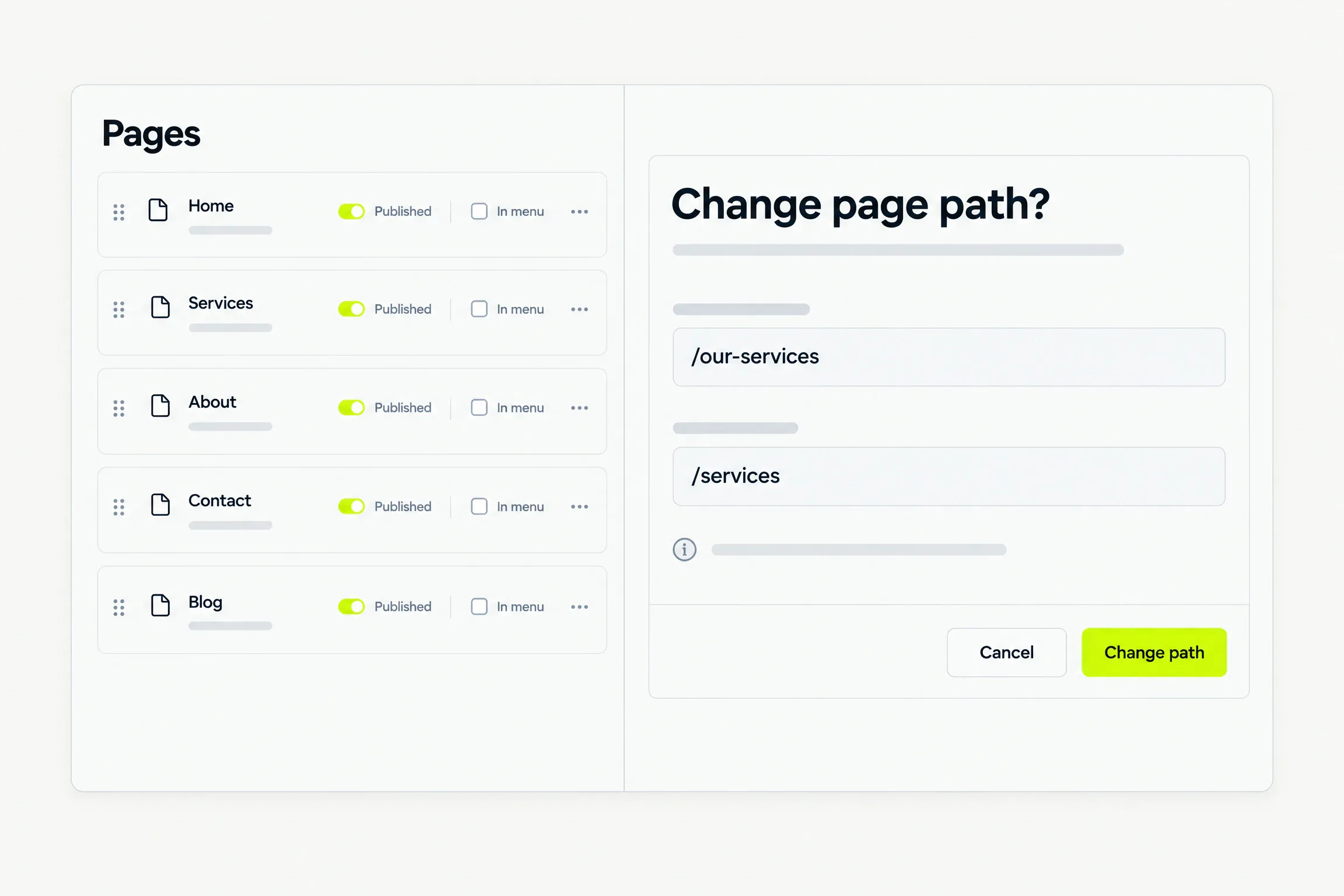 The Pages list with published toggles, and a Change page path dialog showing the old and the new path