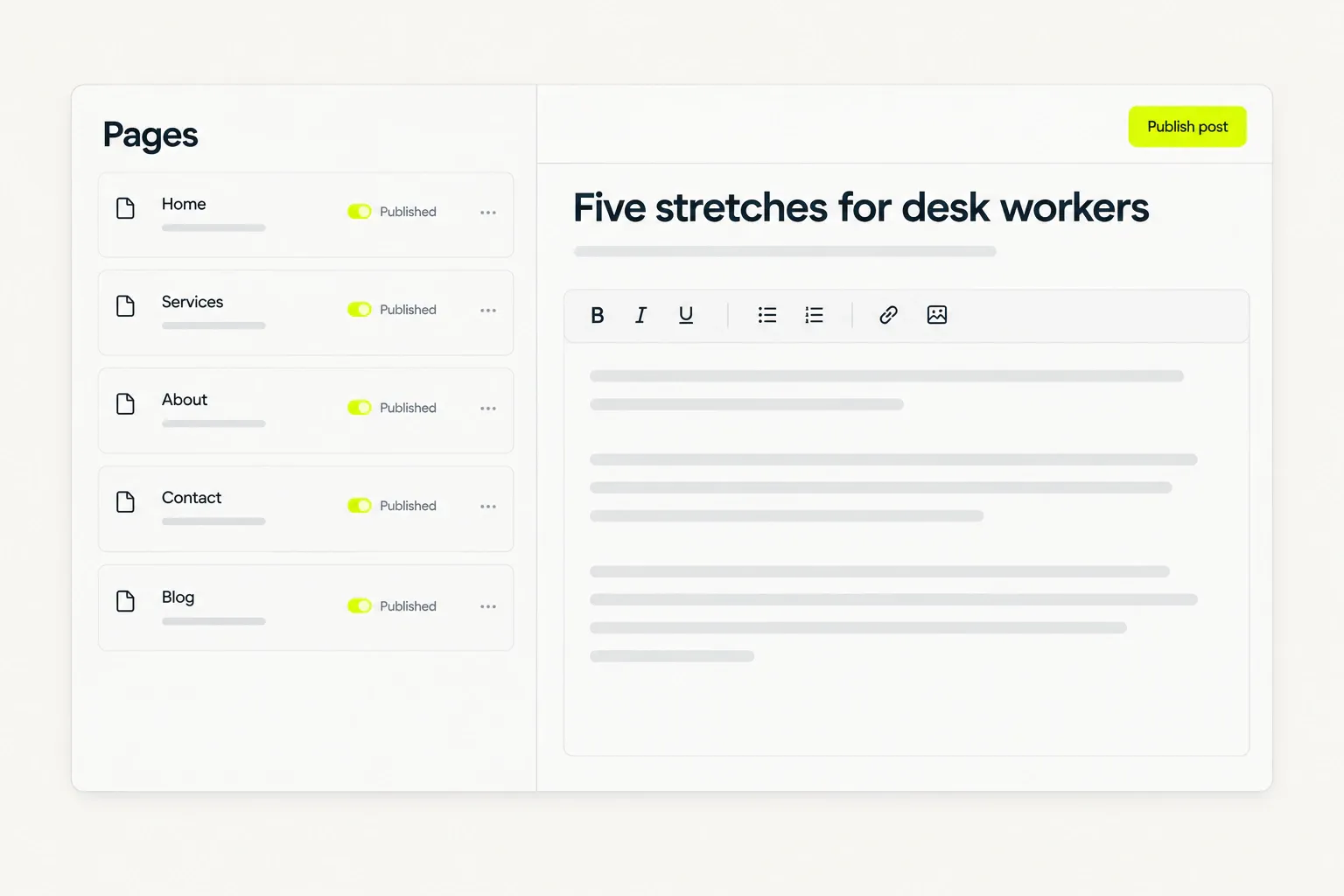 A Pages list — Home, Services, About, Contact and Blog, each with a Published toggle — beside a post editor holding the title “Five stretches for desk workers”, a small formatting toolbar and a Publish post button