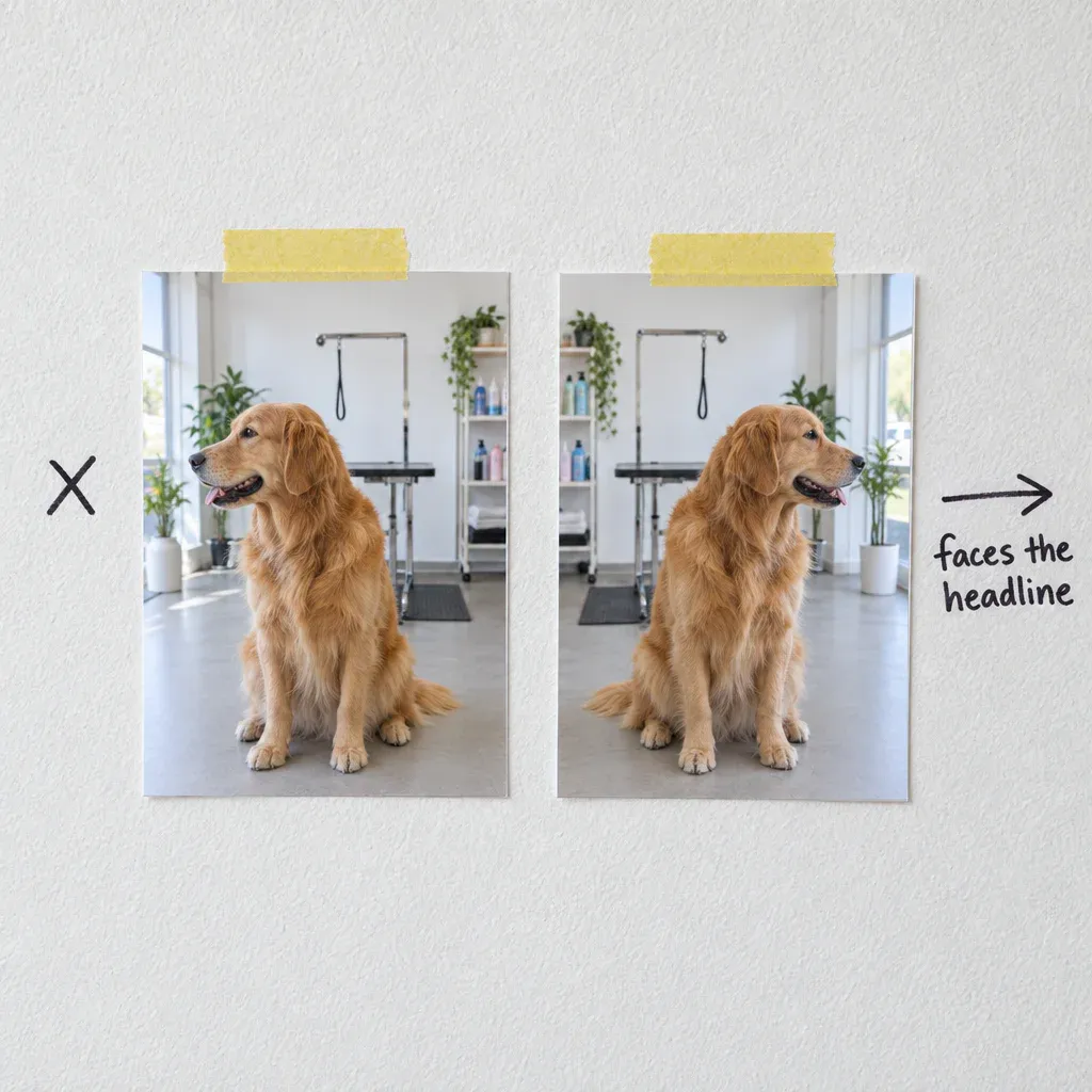 Two prints of the same golden retriever in a grooming salon taped to a wall, the one facing out crossed, the one facing in marked with an arrow and faces the headline