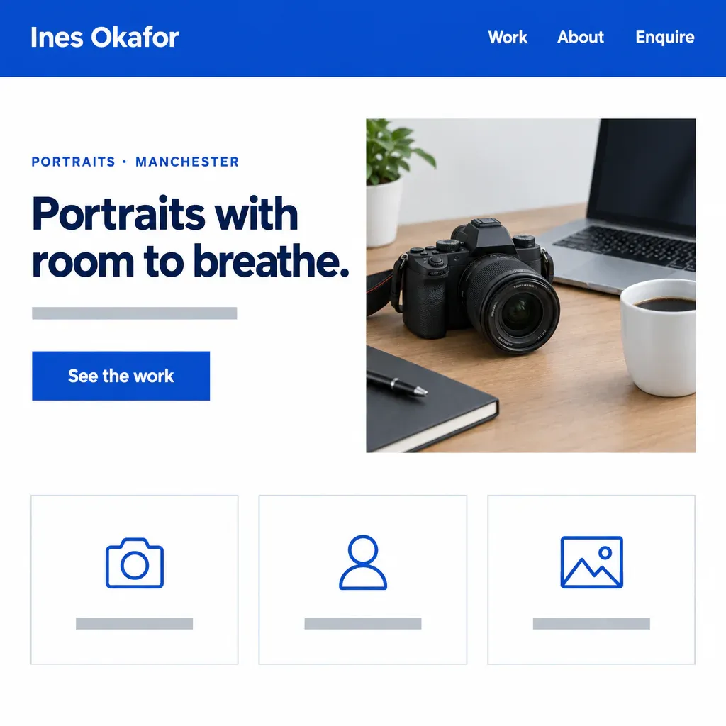 The same photographer as a corporate services site: a royal blue bar, a stock photo of a camera on a desk, icon cards
