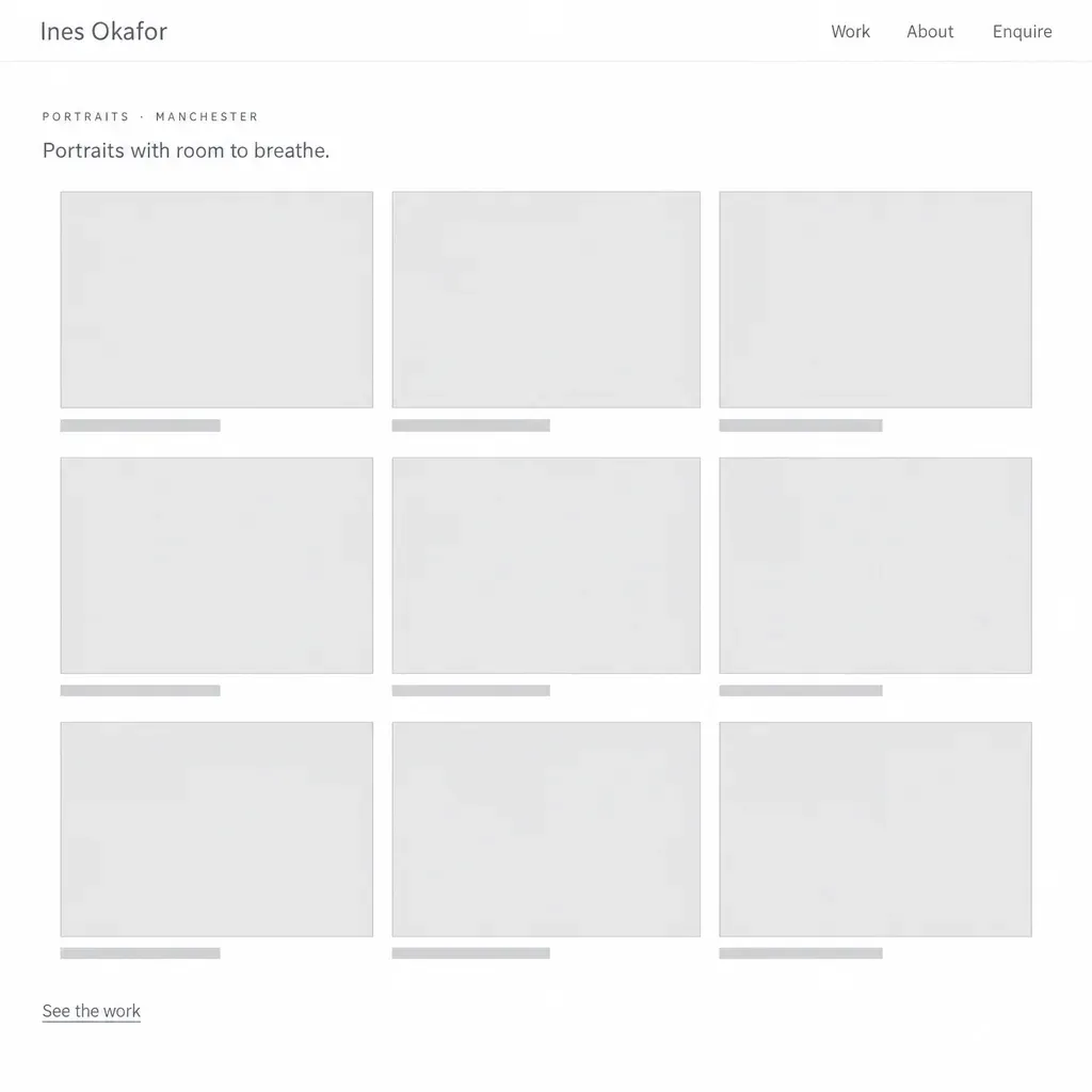 The same photographer as a plain gallery grid: white, nine empty grey tiles, small grey type