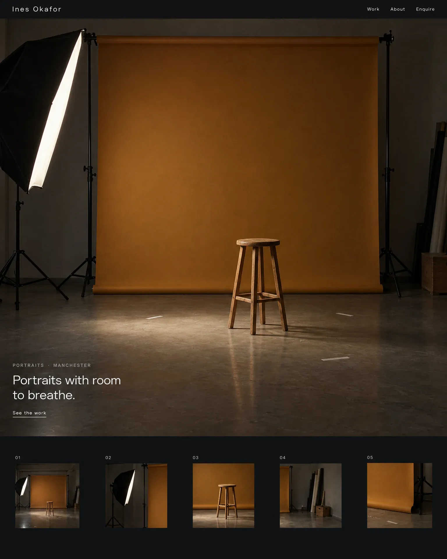 The photographer site Lava kept: a near-black page filled by a photograph of an ochre backdrop roll, a stool and one softbox, the headline Portraits with room to breathe small in the corner, and a numbered row of five studio thumbnails