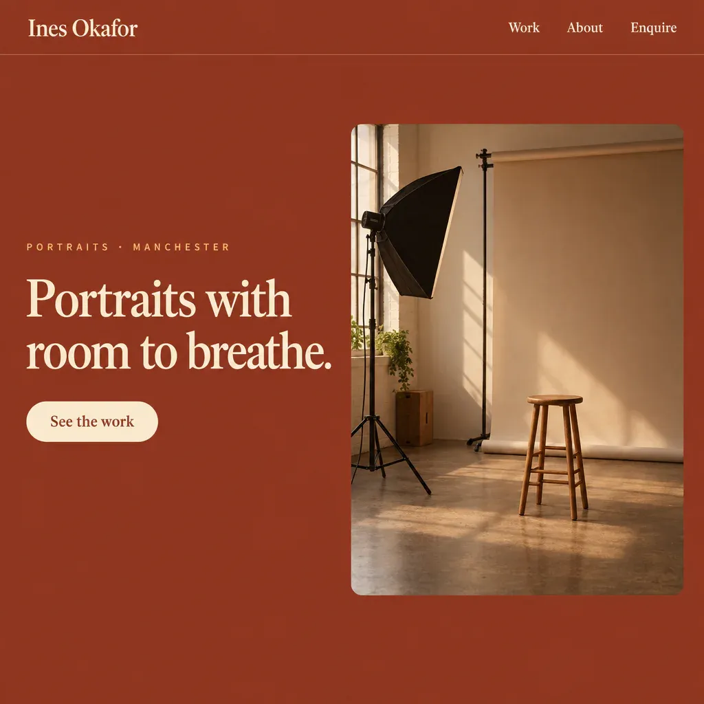 The same photographer in the bakery’s warmth: terracotta, cream serif, a rounded studio photograph