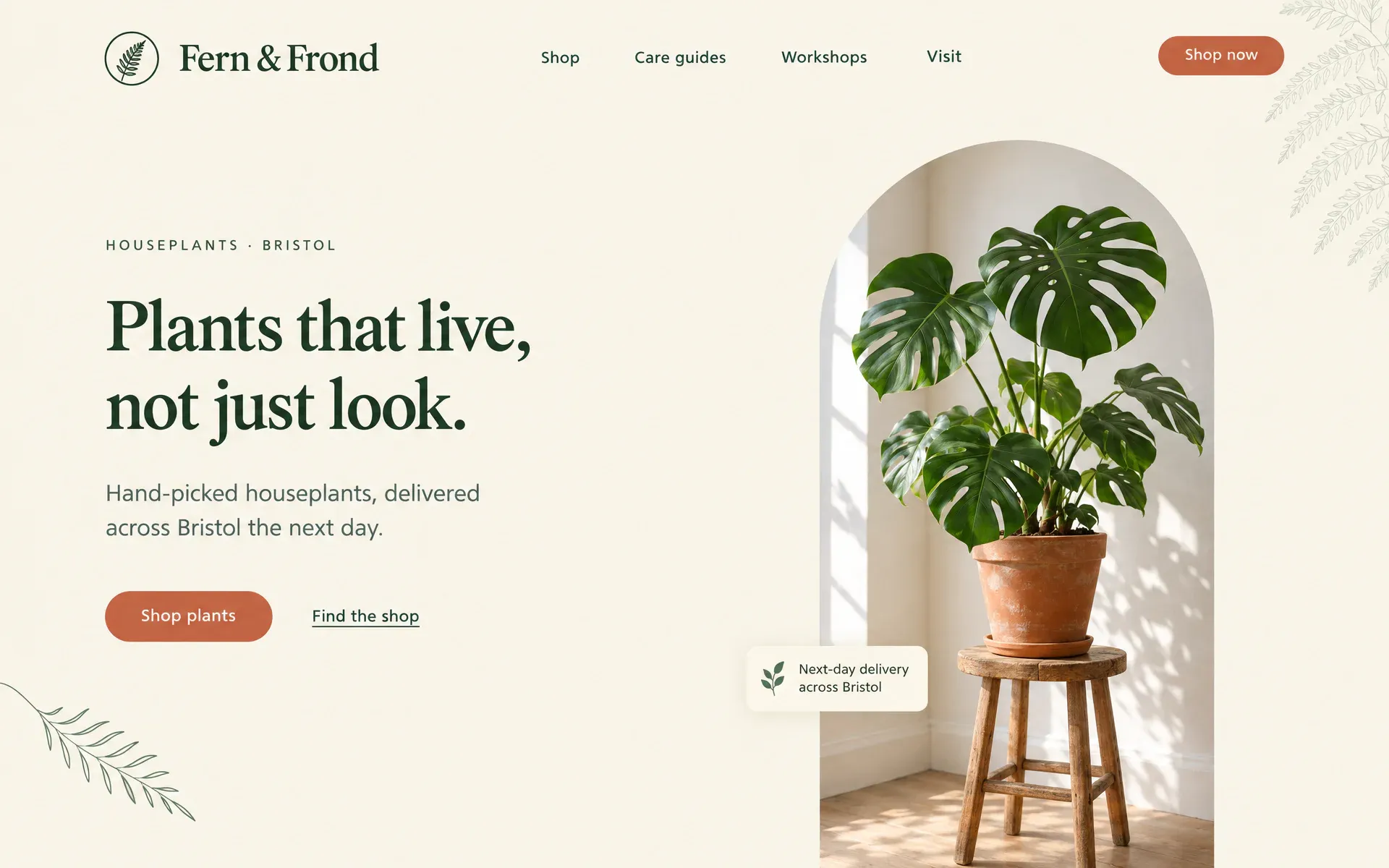 A houseplant shop site on warm cream: a serif headline with wide empty space around it, and a monstera on a stool photographed inside a tall arch