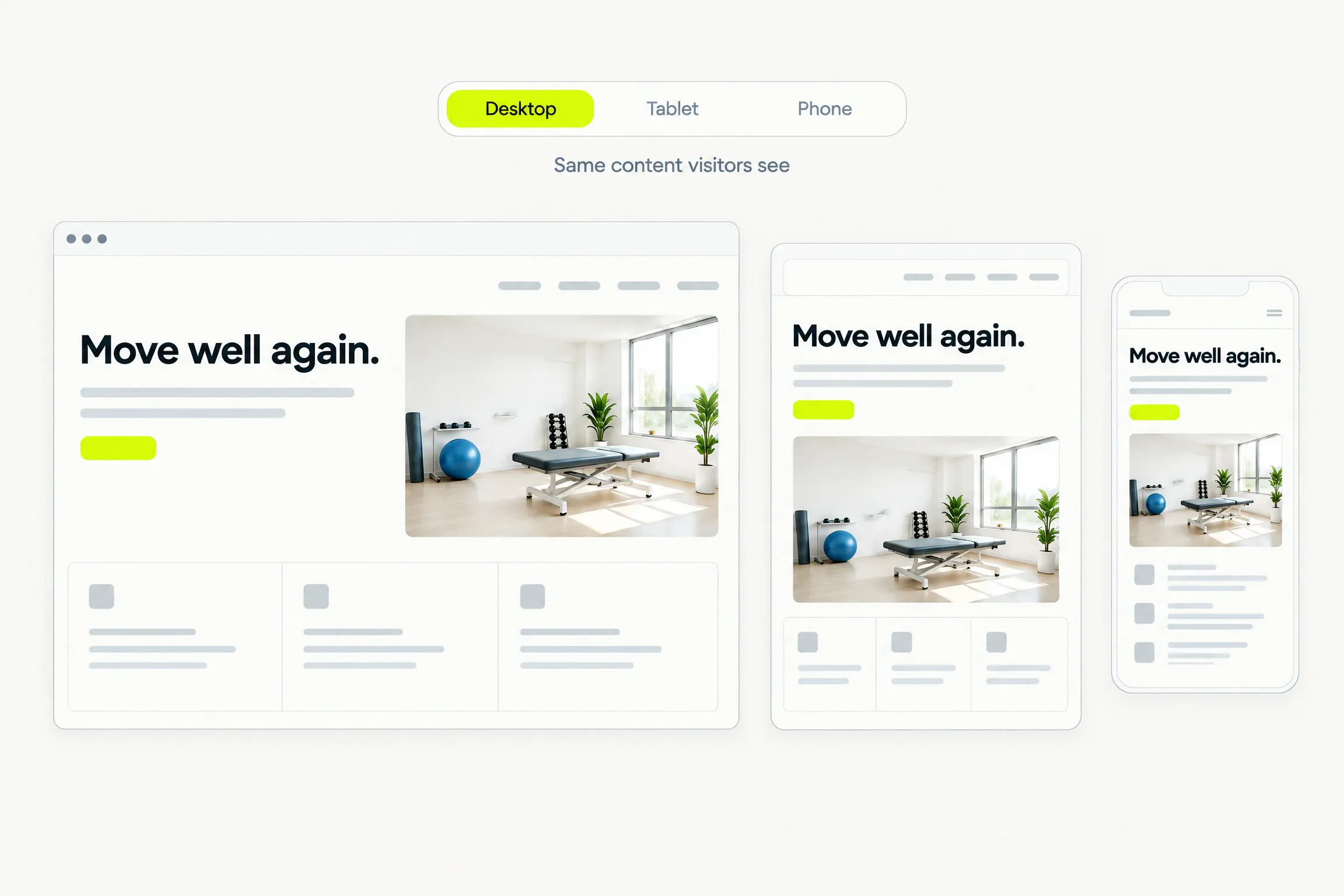 The same site at desktop, tablet and phone widths under a Desktop, Tablet, Phone control