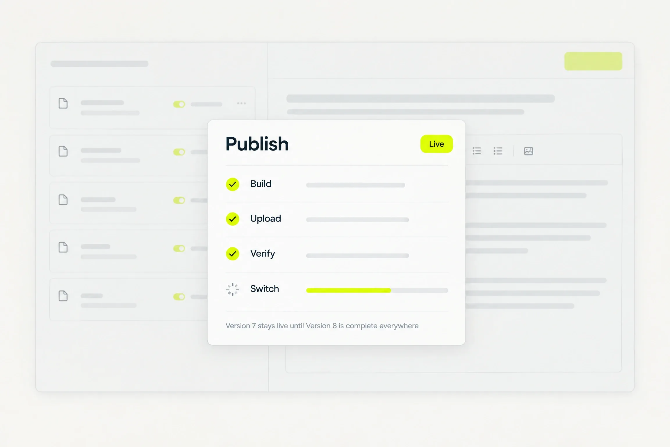 A Publish card over a dimmed site preview: Build, Upload and Verify ticked, Switch still running with a yellow progress bar, a Live badge, and the note “Version 7 stays live until Version 8 is complete everywhere”