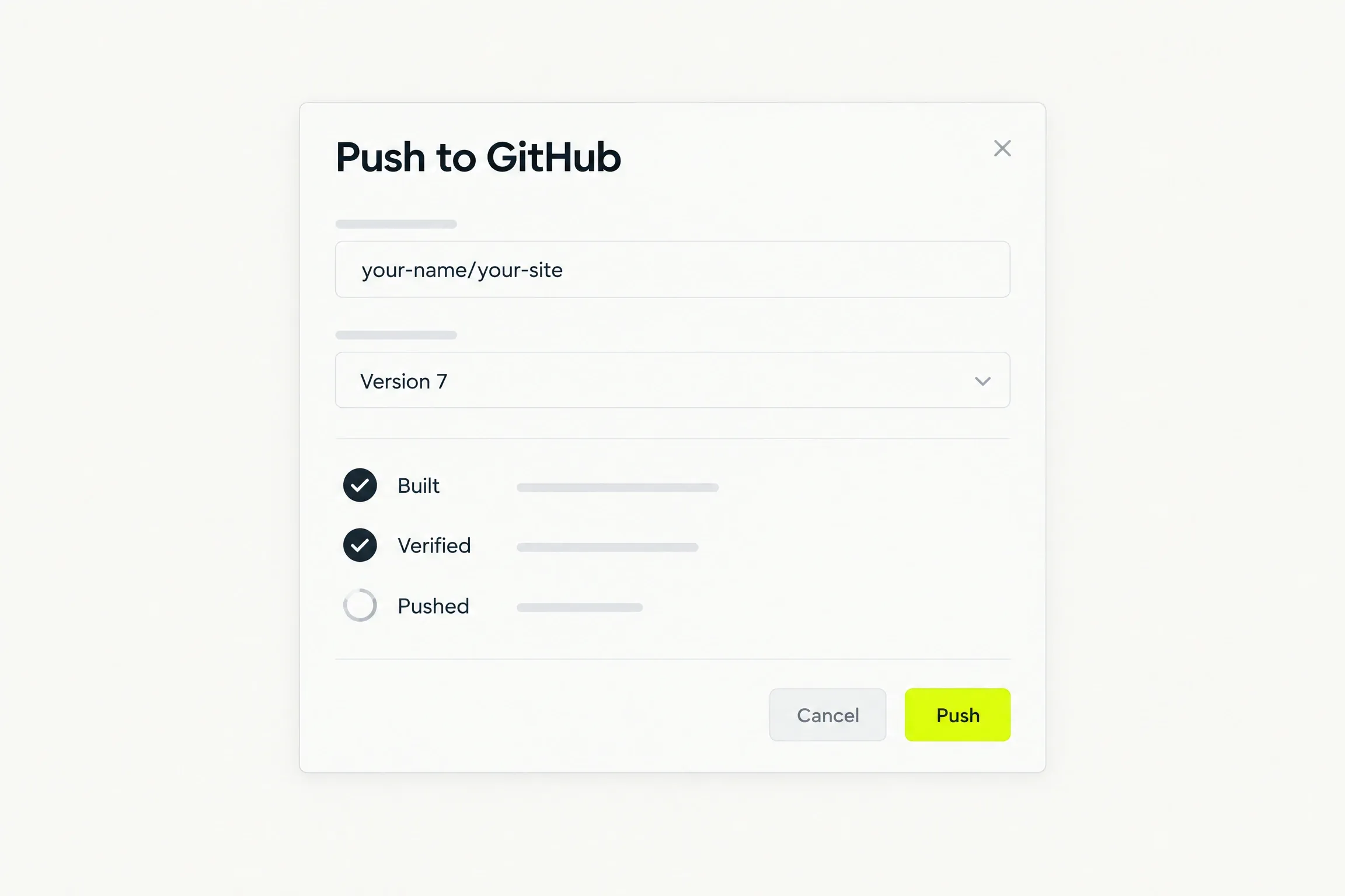 A Push to GitHub dialog: a Repository field reading your-name/your-site, a Version 7 selector, a checklist with Built and Verified ticked and Pushed in progress, and a yellow Push button